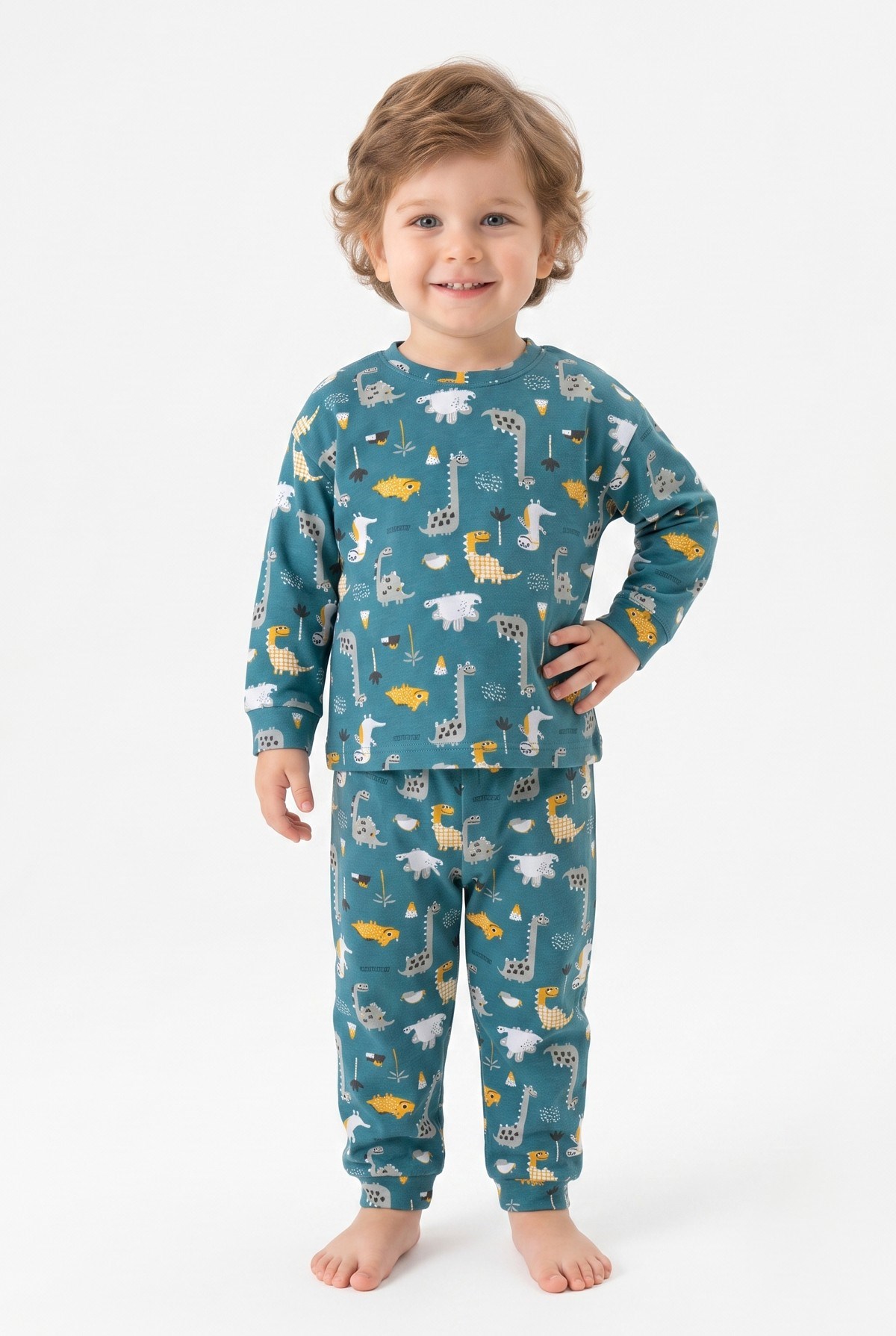 Erkek Bebek Dinozor Desenli %100 Pamuk Reaktif Boyama İnterlok Kumaşş Uzun Kollu Pijama Takımı