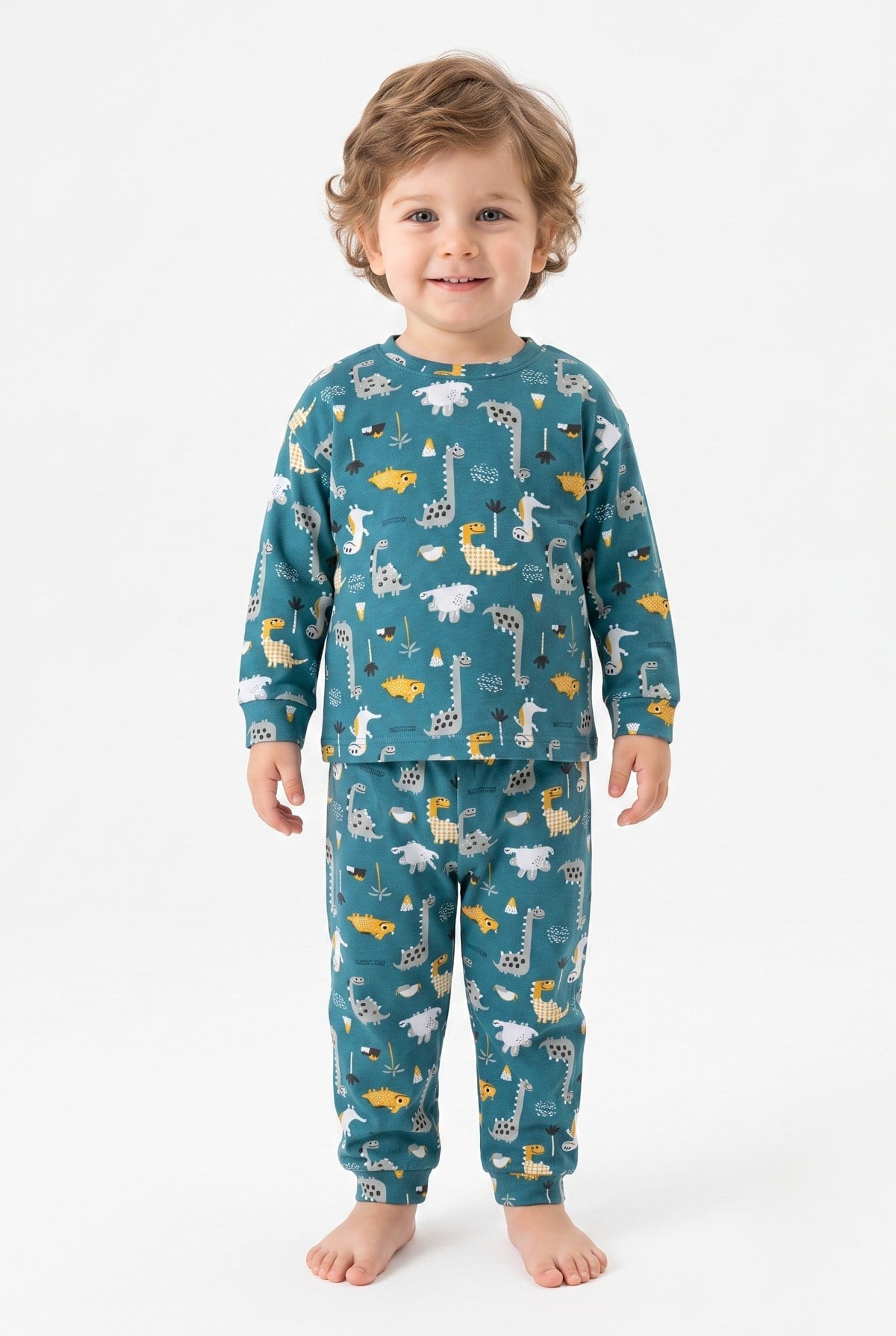 Erkek Bebek Dinozor Desenli %100 Pamuk Reaktif Boyama İnterlok Kumaşş Uzun Kollu Pijama Takımı