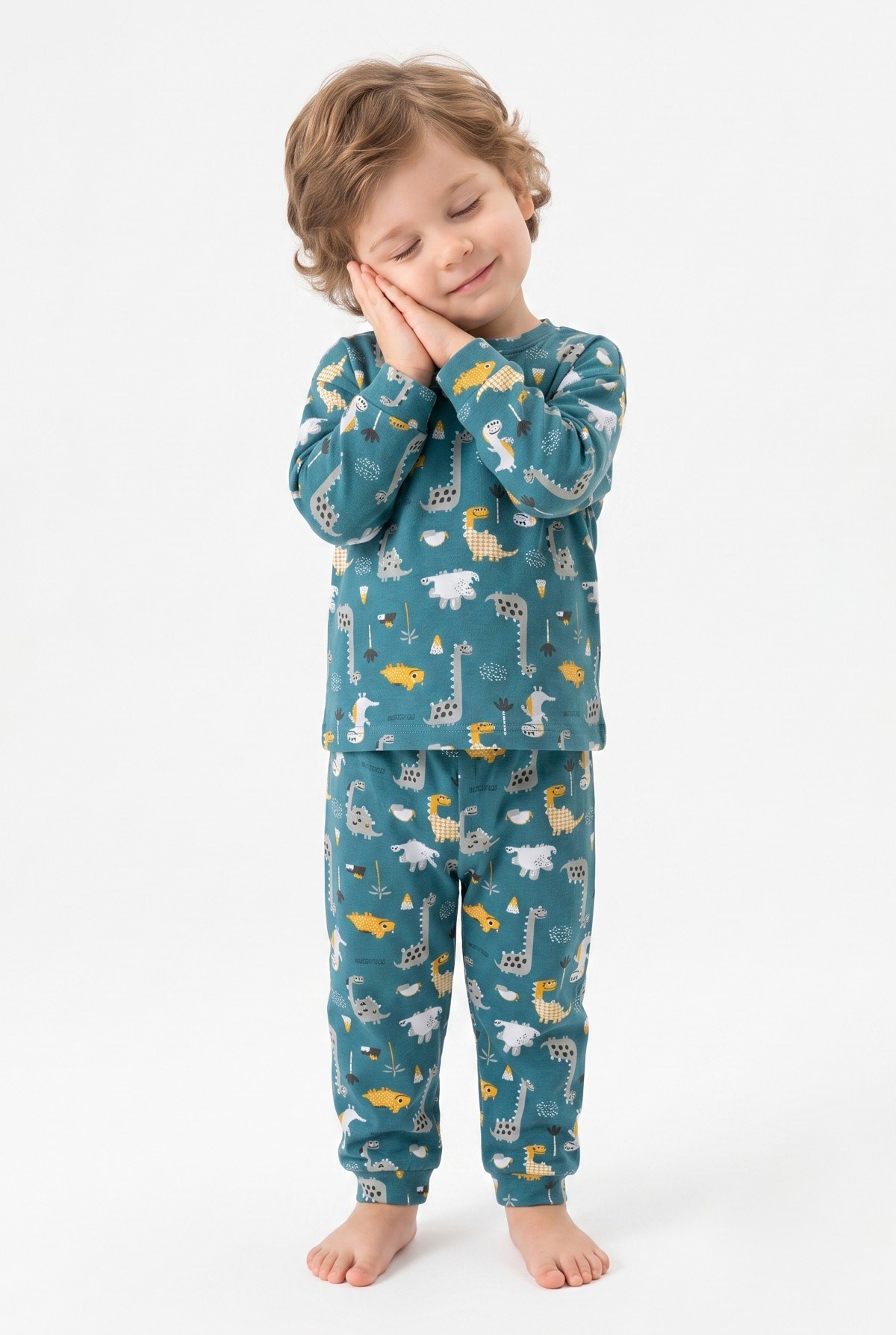 Erkek Bebek Dinozor Desenli %100 Pamuk Reaktif Boyama İnterlok Kumaşş Uzun Kollu Pijama Takımı