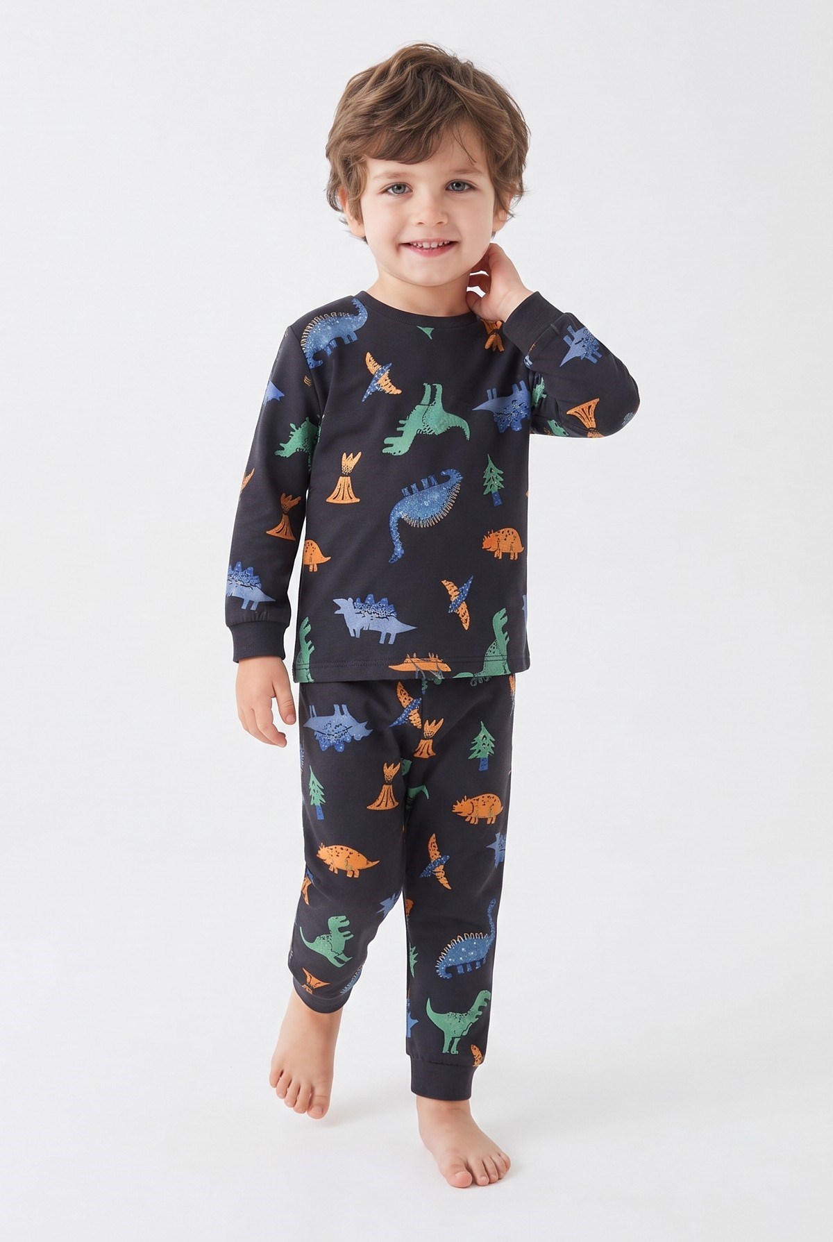 Erkek Bebek Dinozor Desenli %100 Pamuk Süprem Kumaş Reaktif Boyama Uzun Kollu Pijama Takımı