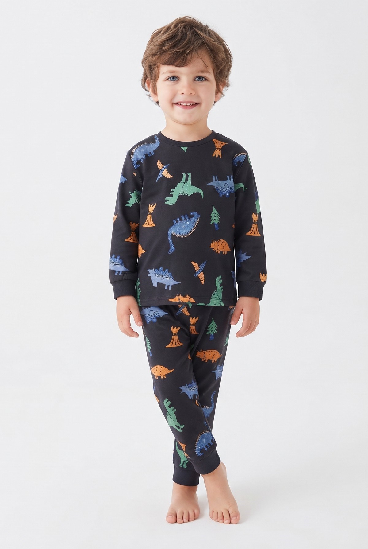 Erkek Bebek Dinozor Desenli %100 Pamuk Süprem Kumaş Reaktif Boyama Uzun Kollu Pijama Takımı