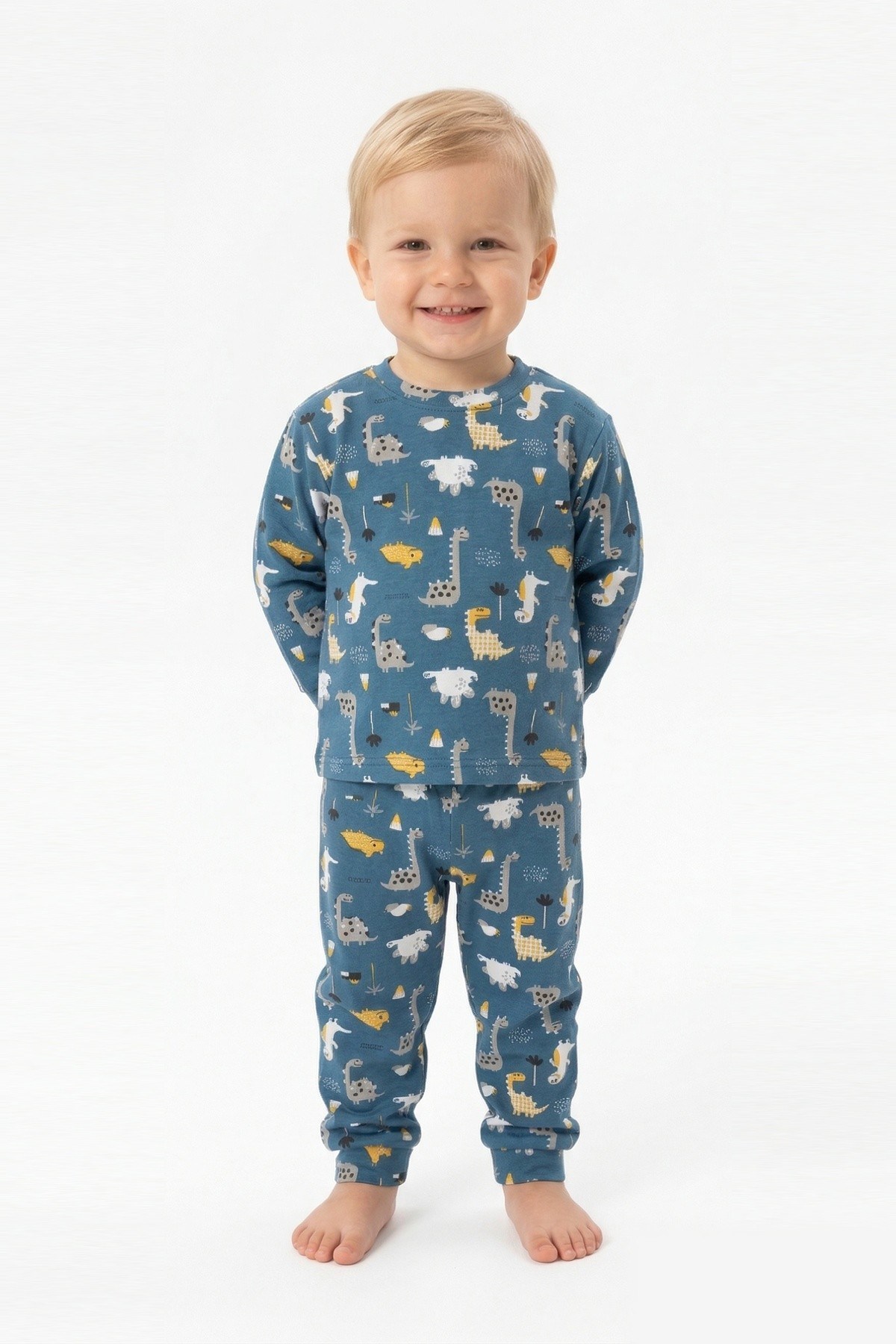 Erkek Bebek Dinozor Desenli %100 Pamuk Reaktif Boyama İnterlok Kumaşş Uzun Kollu Pijama Takımı