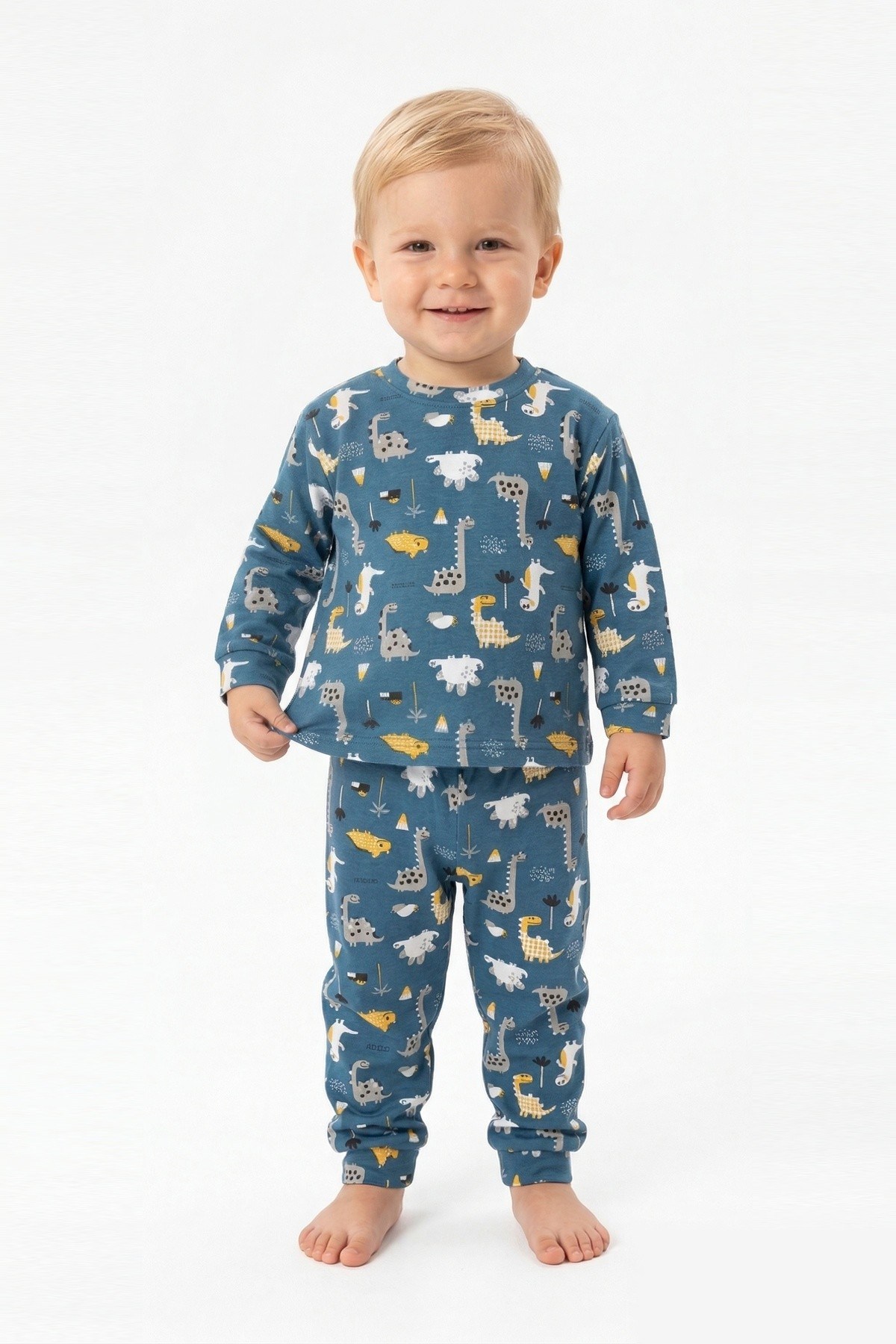 Erkek Bebek Dinozor Desenli %100 Pamuk Reaktif Boyama İnterlok Kumaşş Uzun Kollu Pijama Takımı