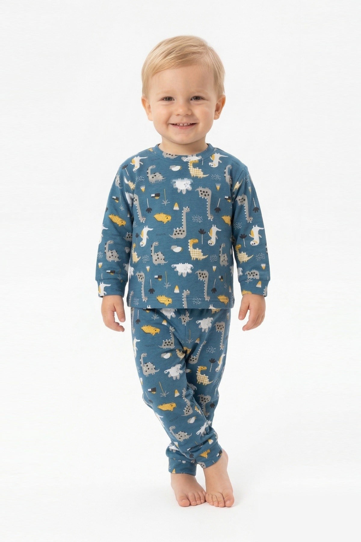 Erkek Bebek Dinozor Desenli %100 Pamuk Reaktif Boyama İnterlok Kumaşş Uzun Kollu Pijama Takımı