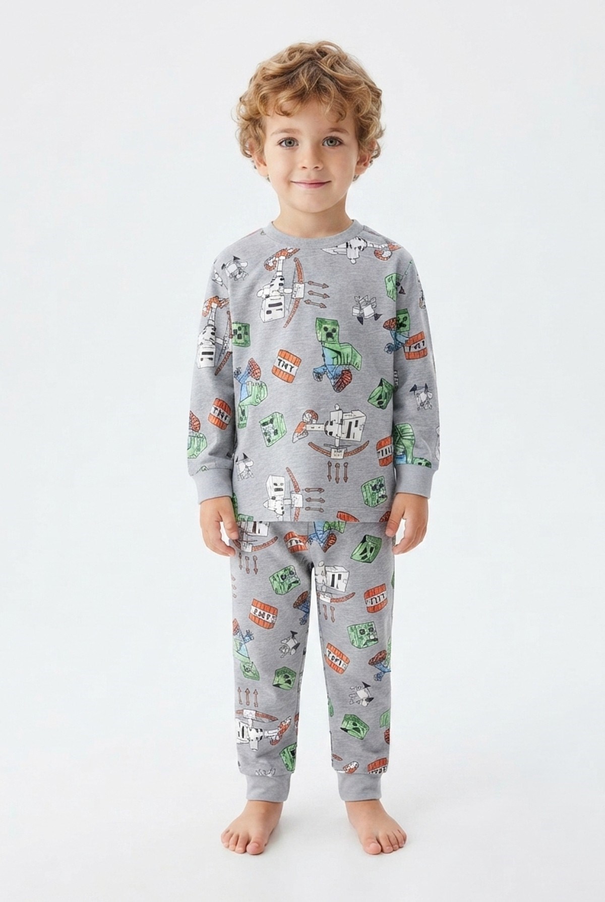 Erkek Bebek Karakter Baskılı %100 Pamuk Süprem Kumaş Reaktif Boyama Uzun Kollu Pijama Takımı