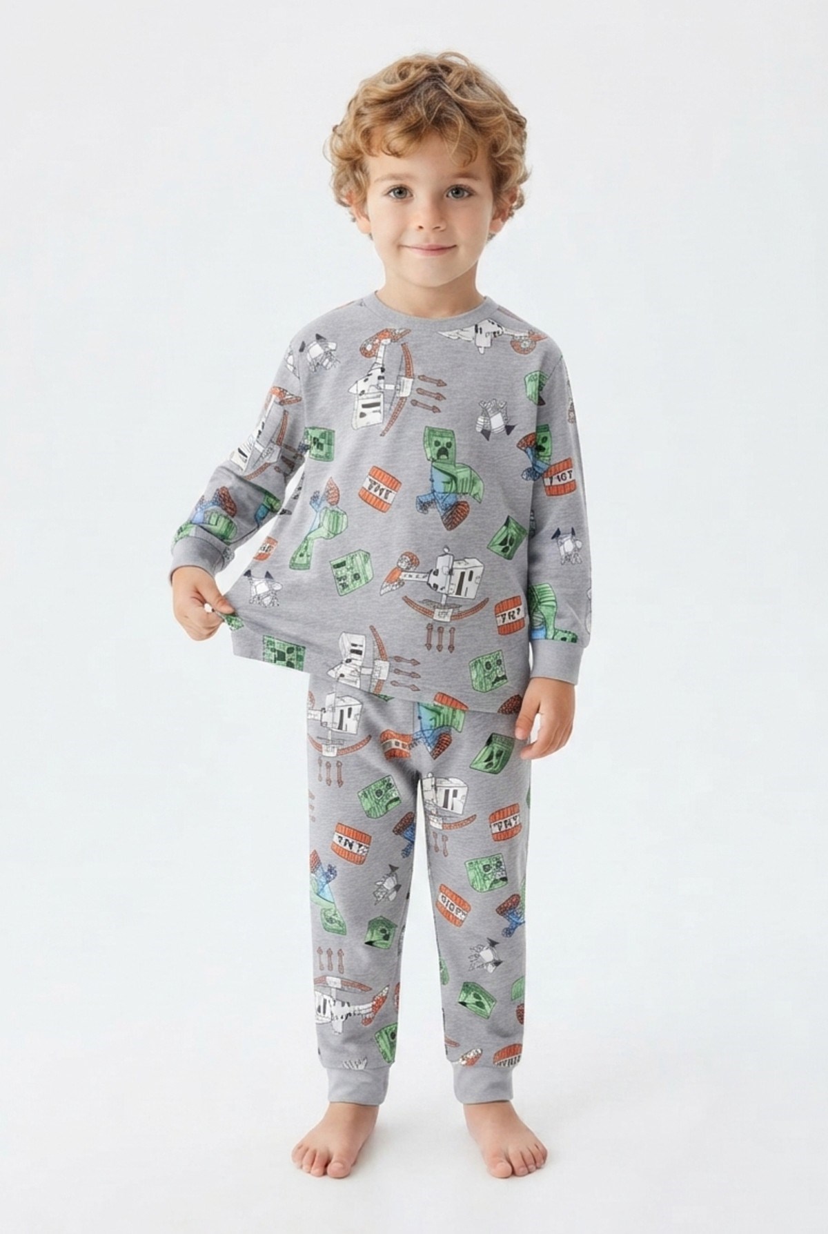 Erkek Bebek Karakter Baskılı %100 Pamuk Süprem Kumaş Reaktif Boyama Uzun Kollu Pijama Takımı