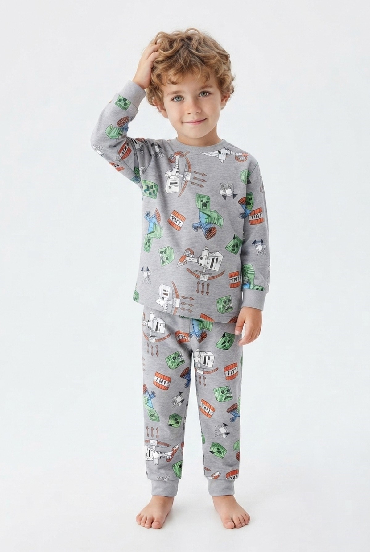 Erkek Bebek Karakter Baskılı %100 Pamuk Süprem Kumaş Reaktif Boyama Uzun Kollu Pijama Takımı