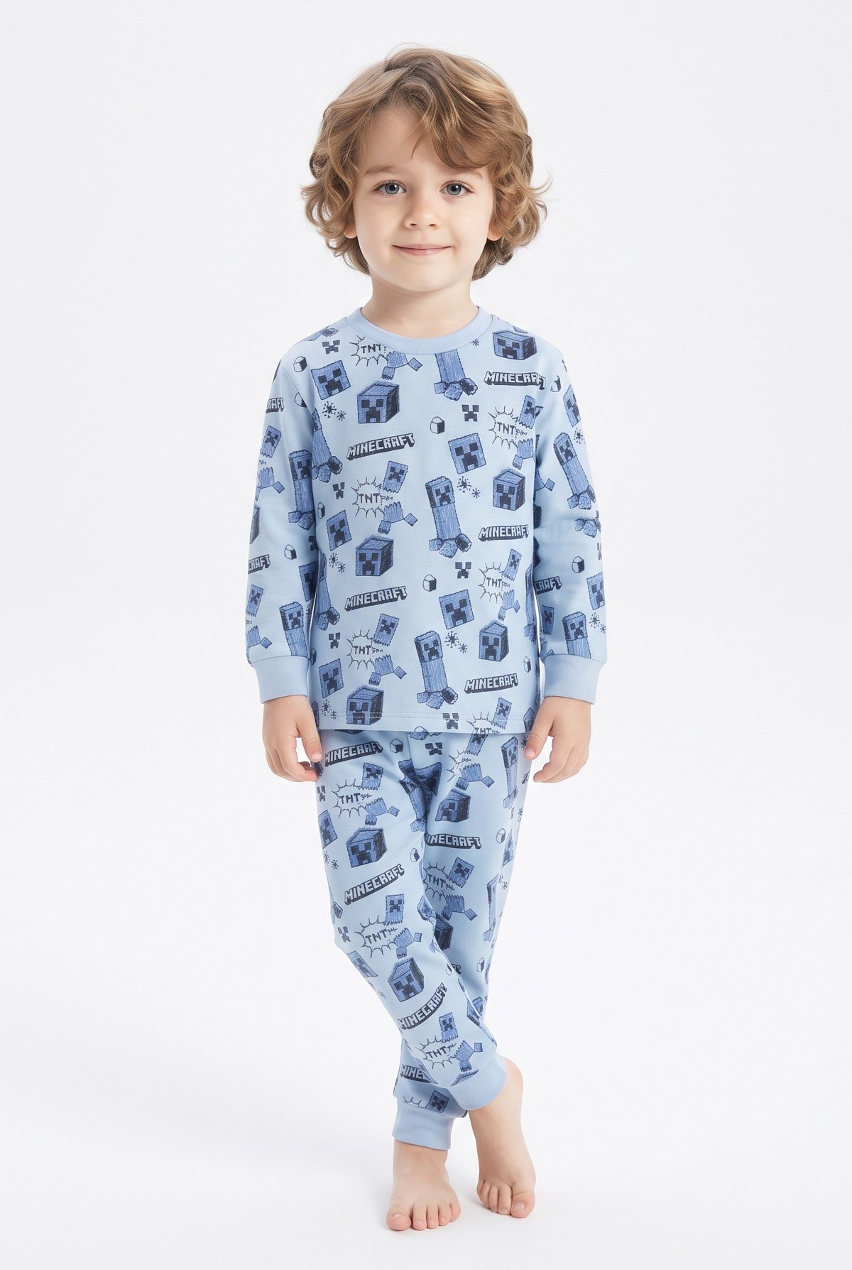 Erkek Bebek Karakter Baskılı %100 Pamuk Süprem Kumaş Reaktif Boyama Uzun Kollu Pijama Takımı