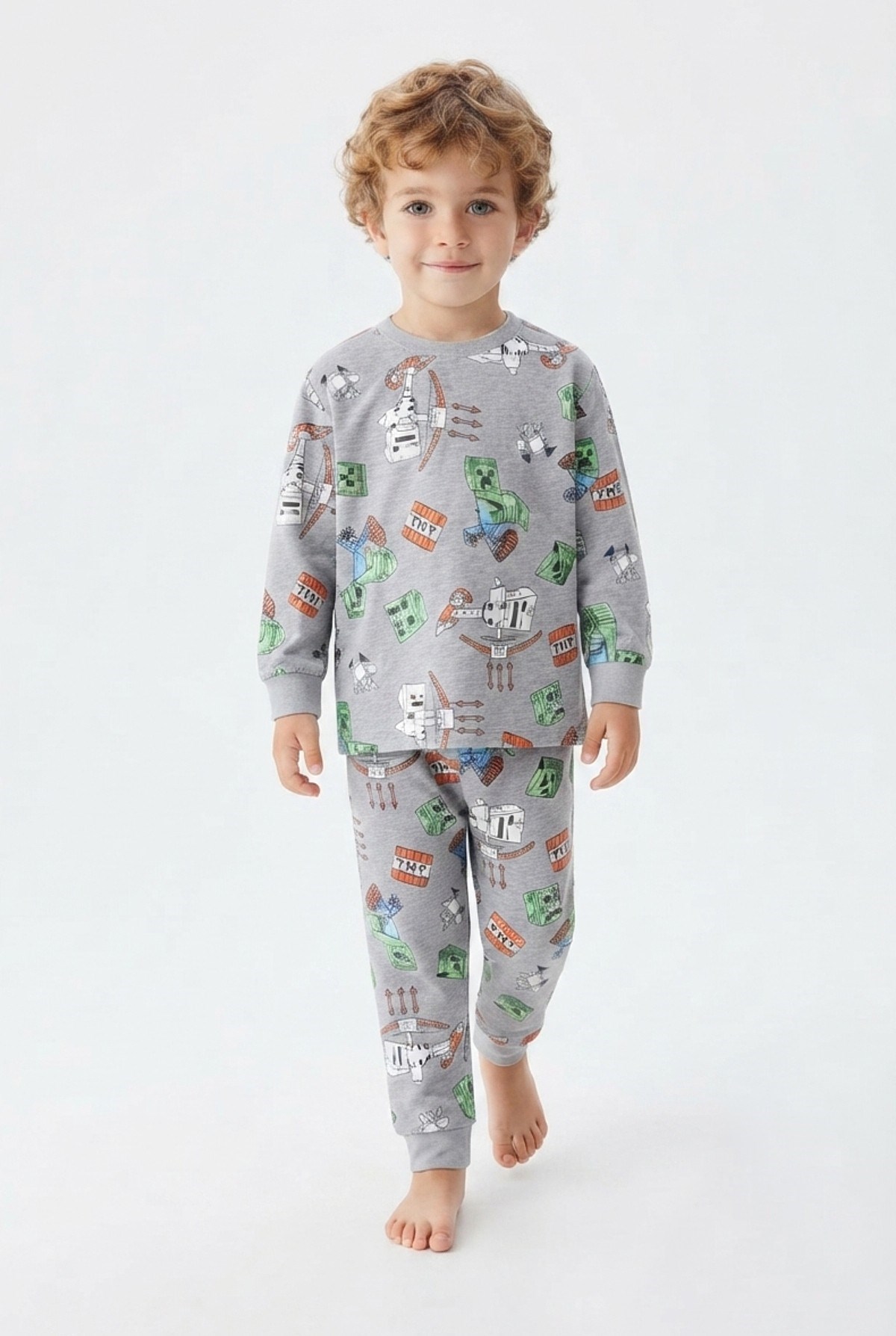 Erkek Bebek Karakter Baskılı %100 Pamuk Süprem Kumaş Reaktif Boyama Uzun Kollu Pijama Takımı