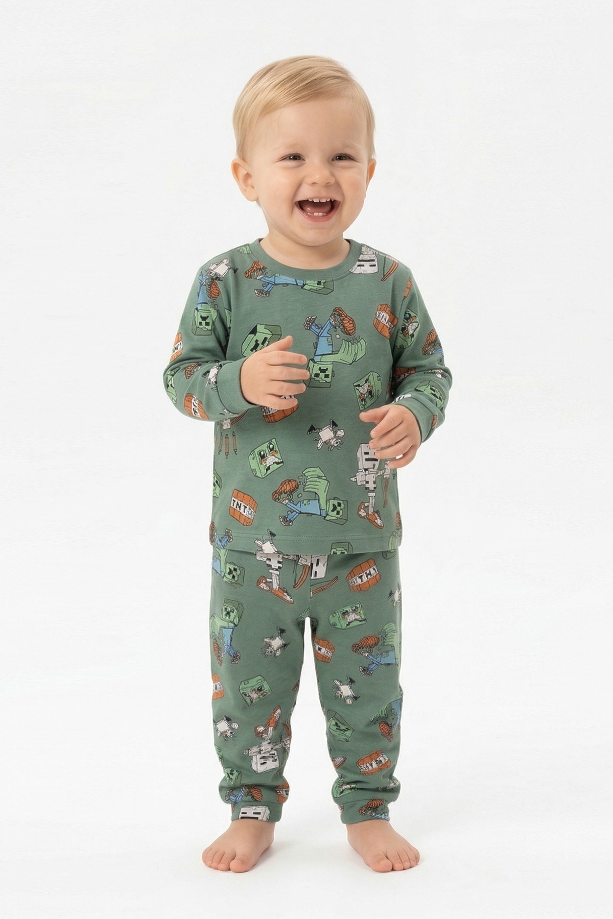 Erkek Bebek Oyun Karakterleri Baskılı %100 Pamuk Reaktif Boyama İnterlok Kumaş Uzun Kollu Pijama Takımı
