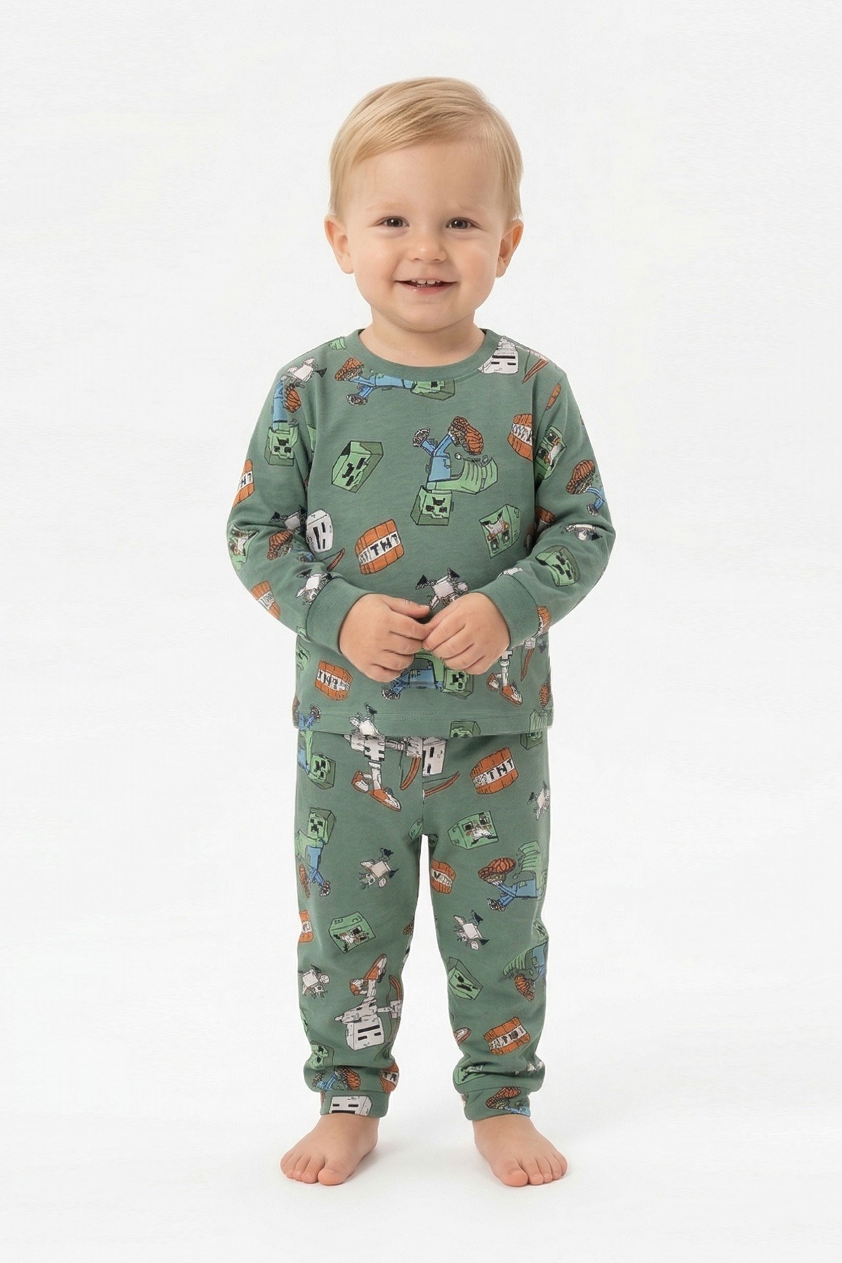 Erkek Bebek Oyun Karakterleri Baskılı %100 Pamuk Reaktif Boyama İnterlok Kumaş Uzun Kollu Pijama Takımı