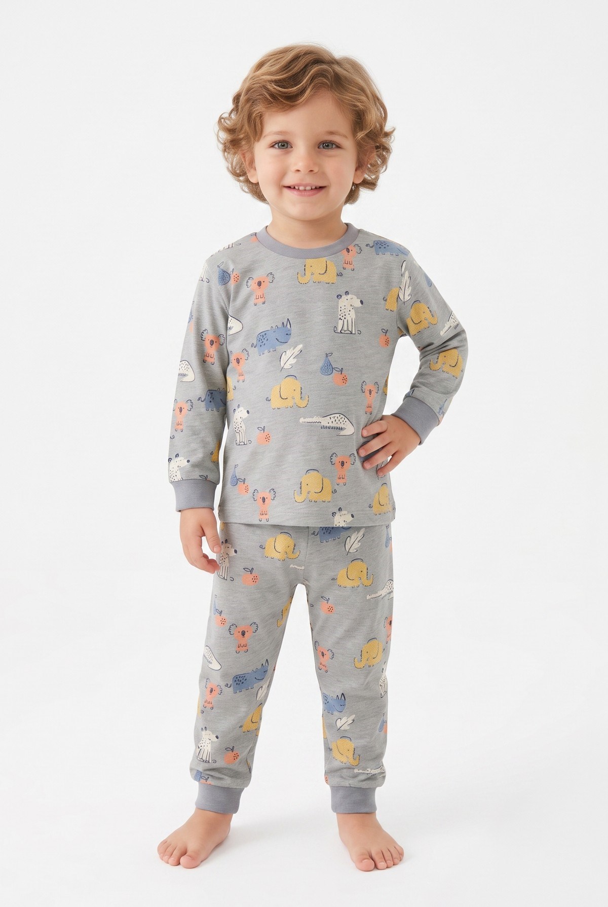 Erkek Bebek Sevimli Hayvan Desenli %100 Pamuk Reaktif Boyama Süprem Kumaş Uzun Kollu Pijama Takımı