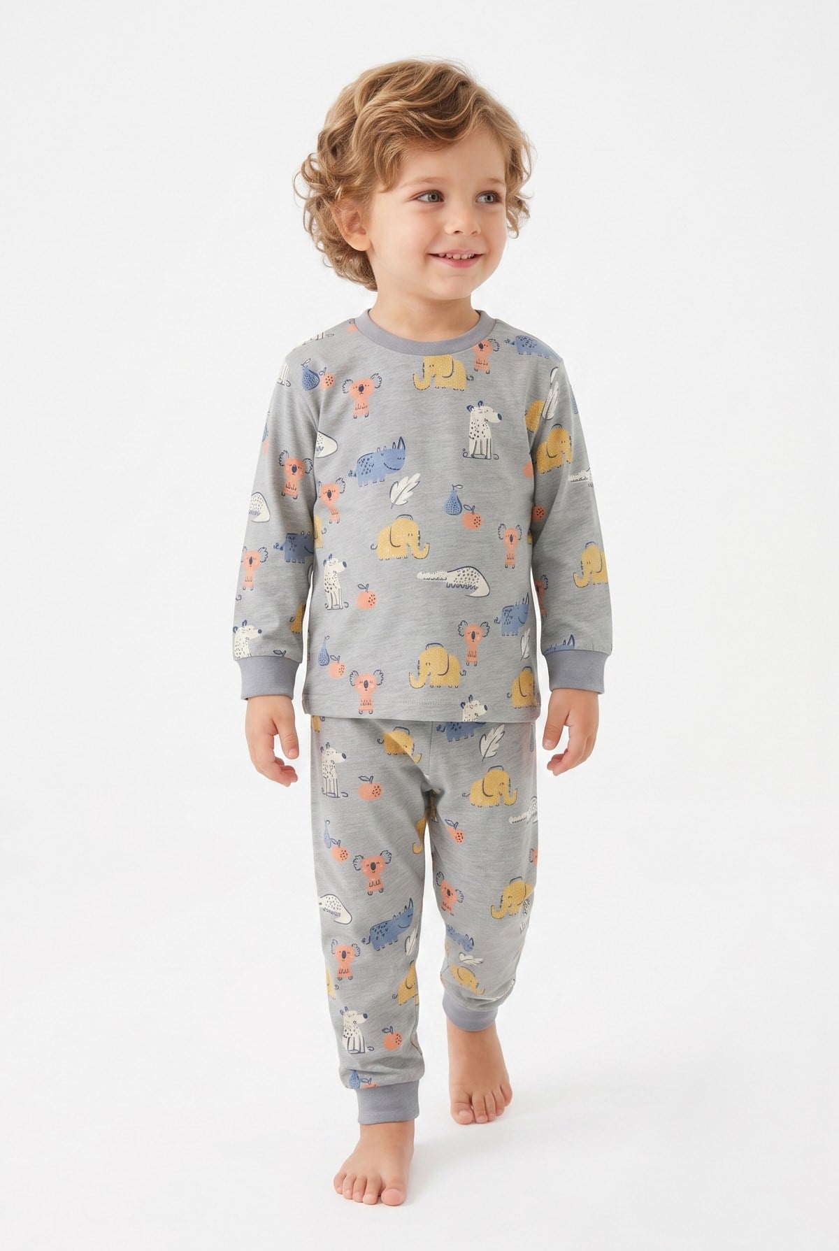 Erkek Bebek Sevimli Hayvan Desenli %100 Pamuk Reaktif Boyama Süprem Kumaş Uzun Kollu Pijama Takımı