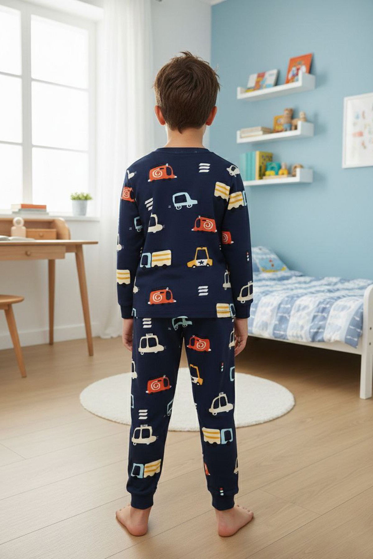 Erkek Çocuk %100 Pamuk Reaktif Boyalı İnterlok Kumaş Araba Baskılı Pijama Takımı