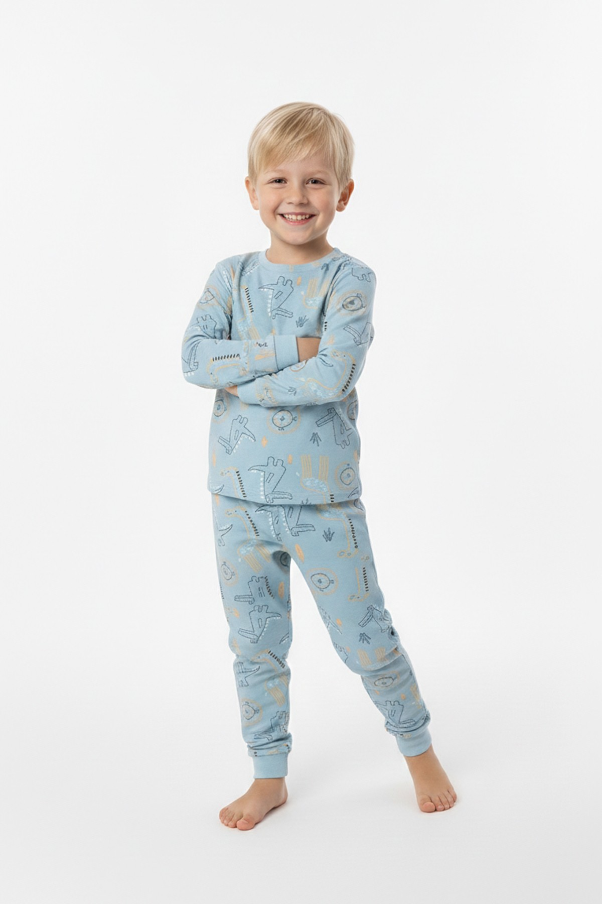 Erkek Çocuk Aslan Ve Timsah Baskılı %100 Pamuk İnterlok Kumaş Uzun Kollu Pijama Takımı
