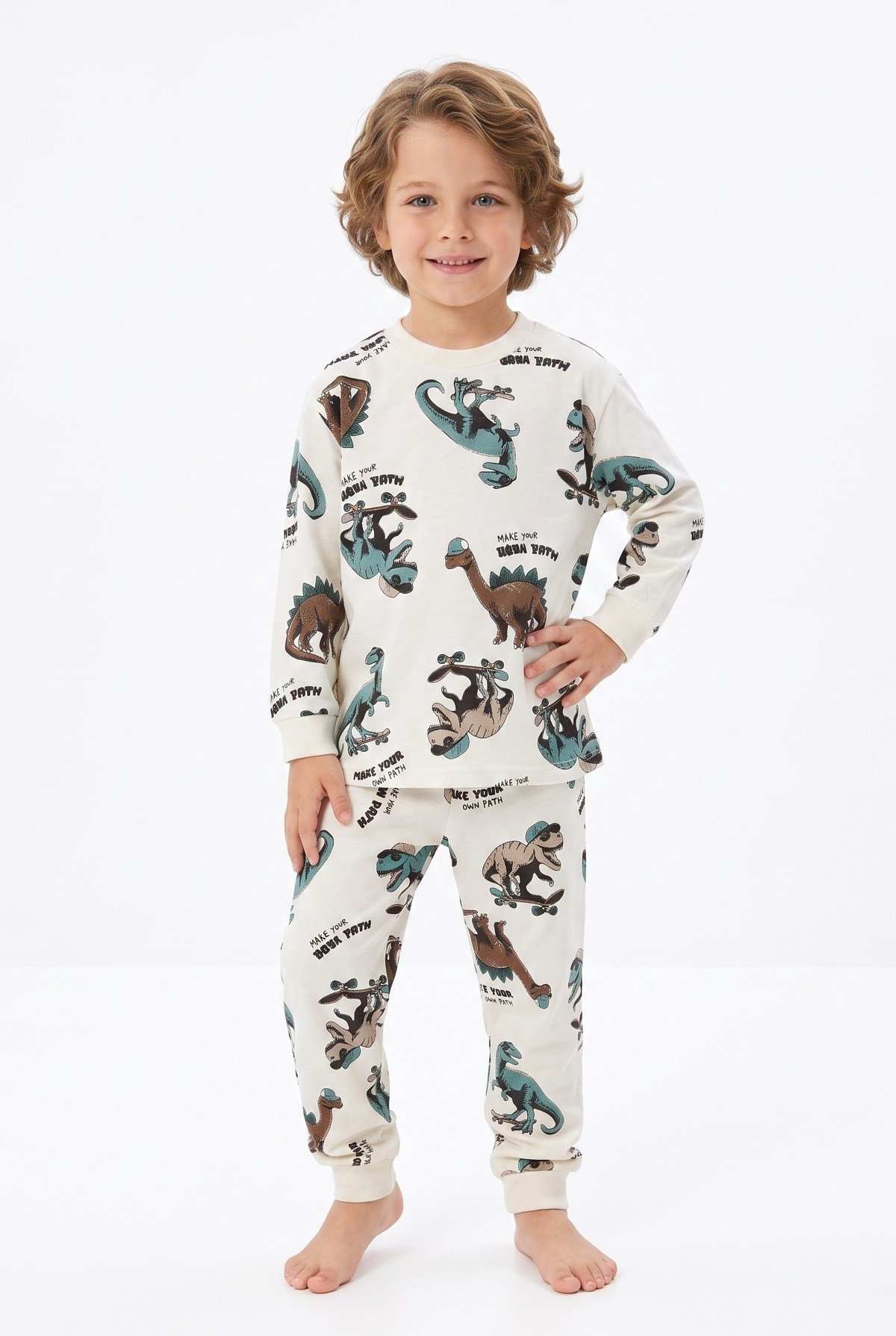 Erkek Çocuk Dinozor Baskılı  %100 Pamuk Reaktif Boyalı Süprem Kumaş Uzun Kollu Pijama Takımı