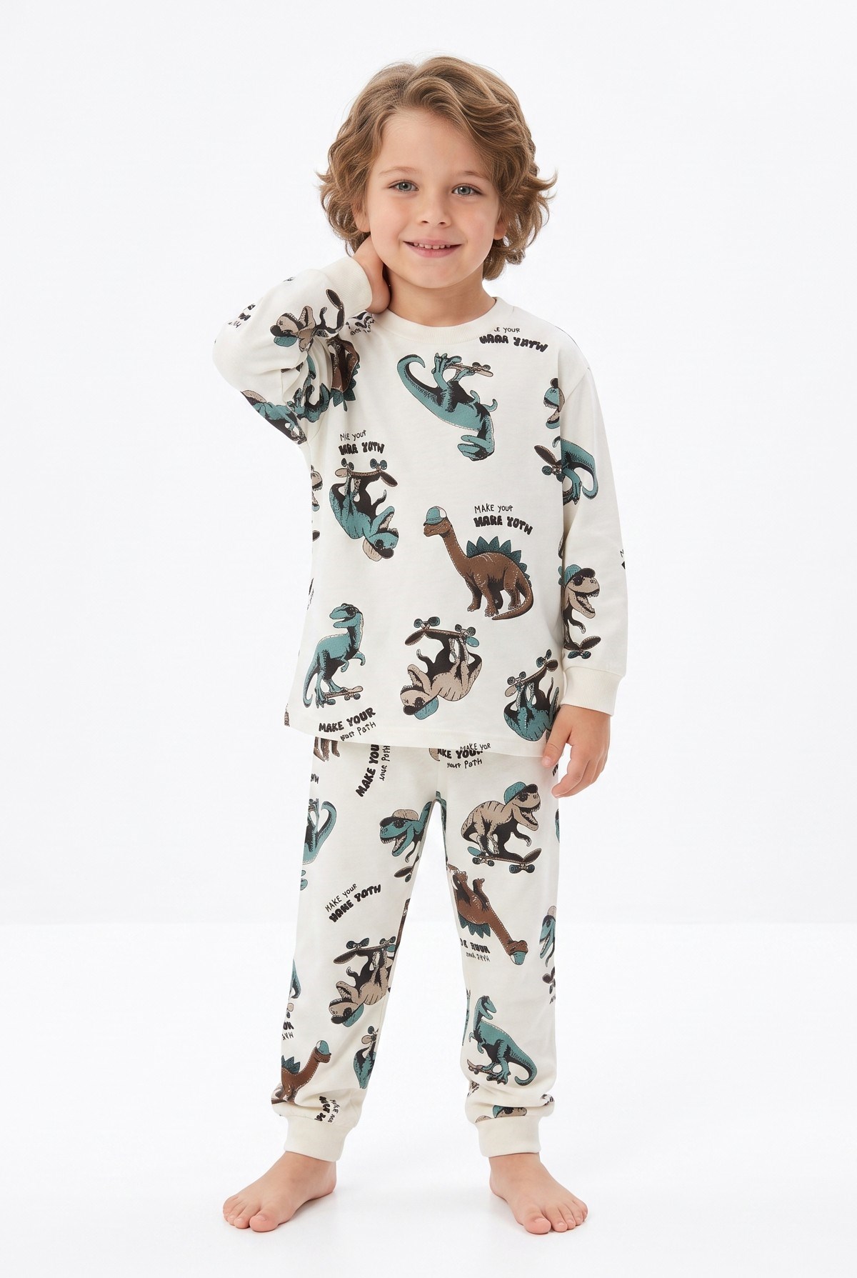 Erkek Çocuk Dinozor Baskılı  %100 Pamuk Reaktif Boyalı Süprem Kumaş Uzun Kollu Pijama Takımı