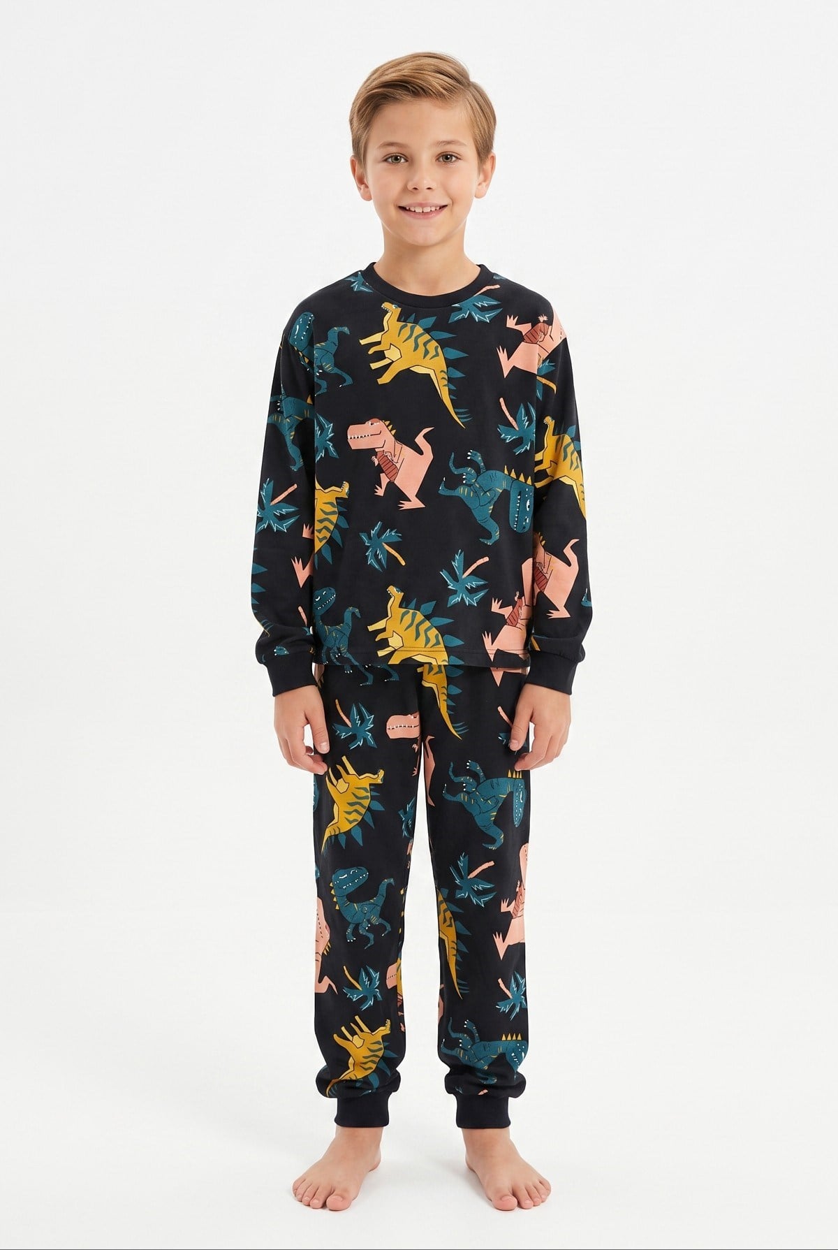 Erkek Çocuk Dinozor Desenli %100 Pamuk Reaktif Boyalı Süprem Kumaş Uzun Kollu Pijama Takımı
