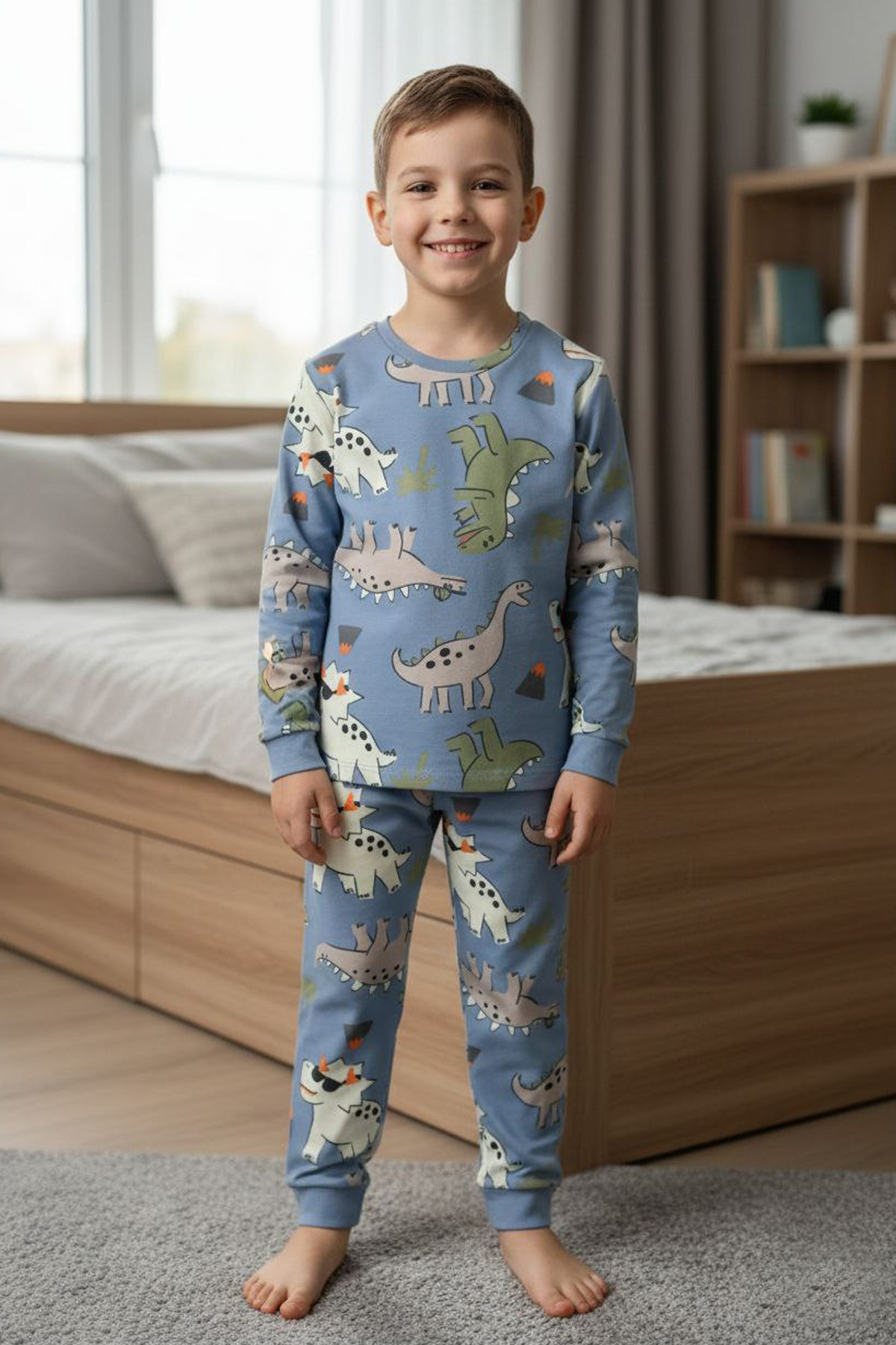 Erkek Çocuk Dinozor Desenli %100 Pamuk Reaktif Boyalı İnterlok Kumaş Uzun Kollu Pijama Takımı