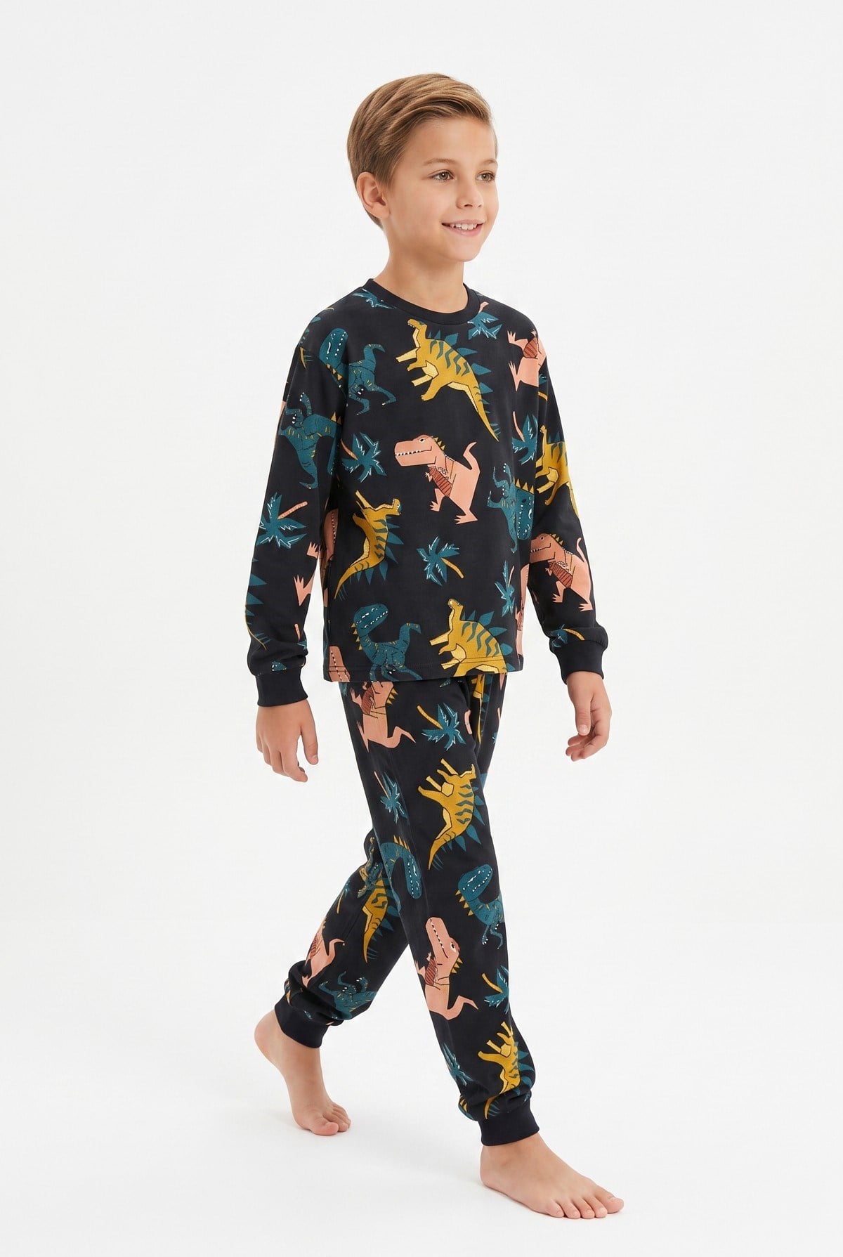 Erkek Çocuk Dinozor Desenli %100 Pamuk Reaktif Boyalı Süprem Kumaş Uzun Kollu Pijama Takımı