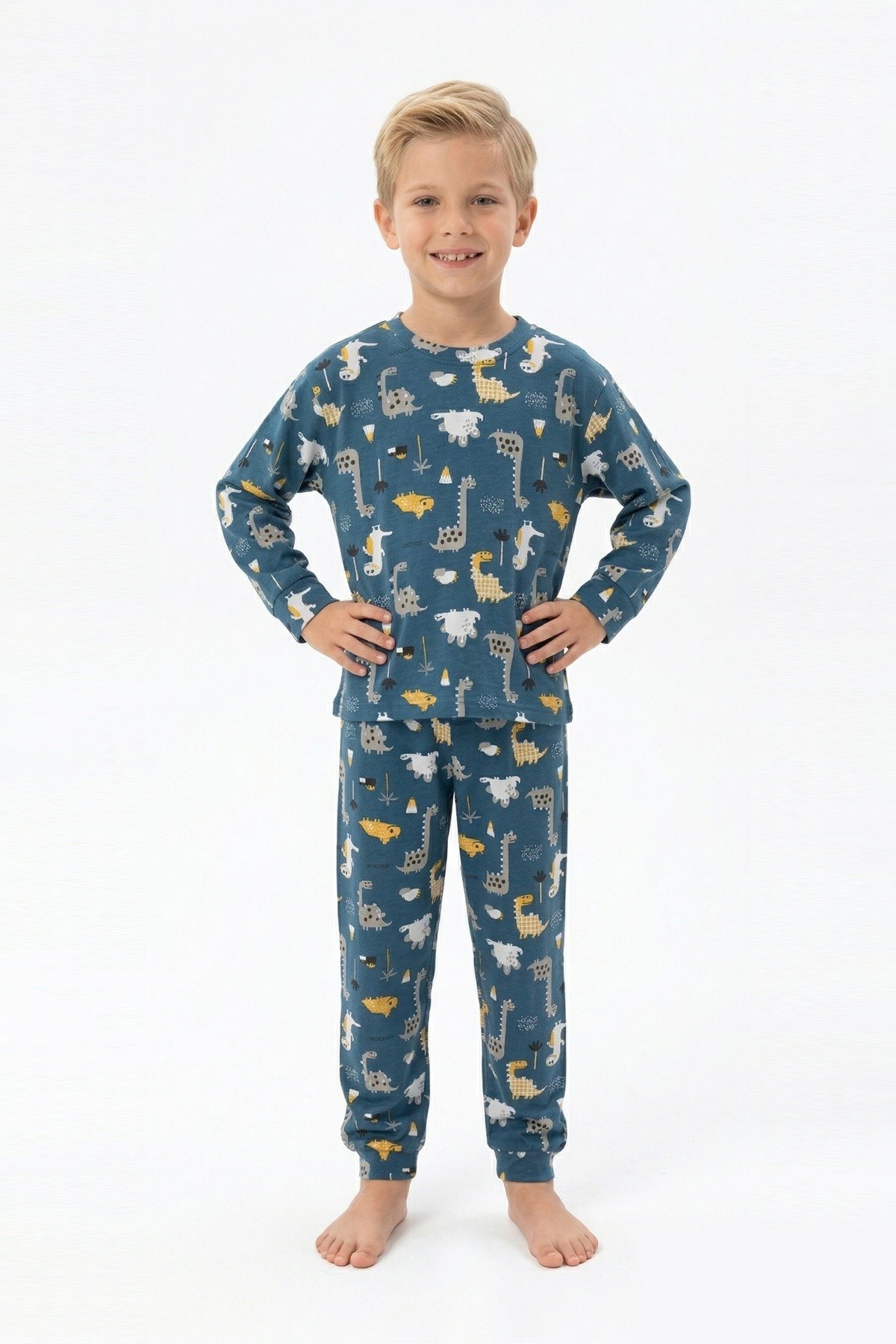Erkek Çocuk Dinozor Desenli %100 Pamuk Reaktif Boyama İnterlok Kumaşş Uzun Kollu Pijama Takımı