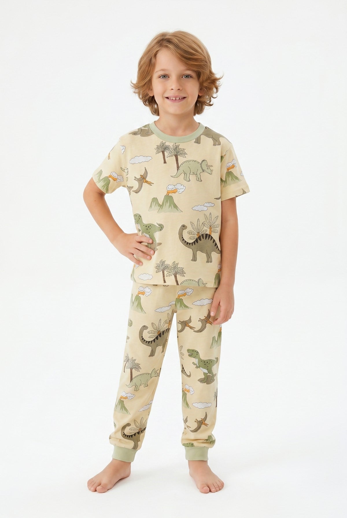 Erkek Çocuk Dinozor Desenli %100 Pamuk Süprem Kumaş Kısa Kollu Pijama