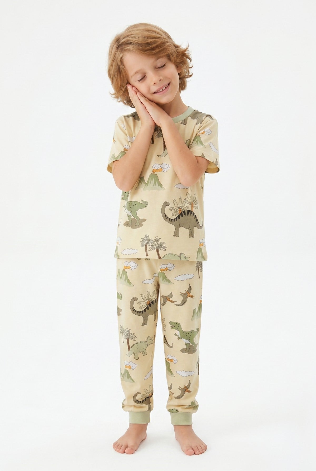 Erkek Çocuk Dinozor Desenli %100 Pamuk Süprem Kumaş Kısa Kollu Pijama