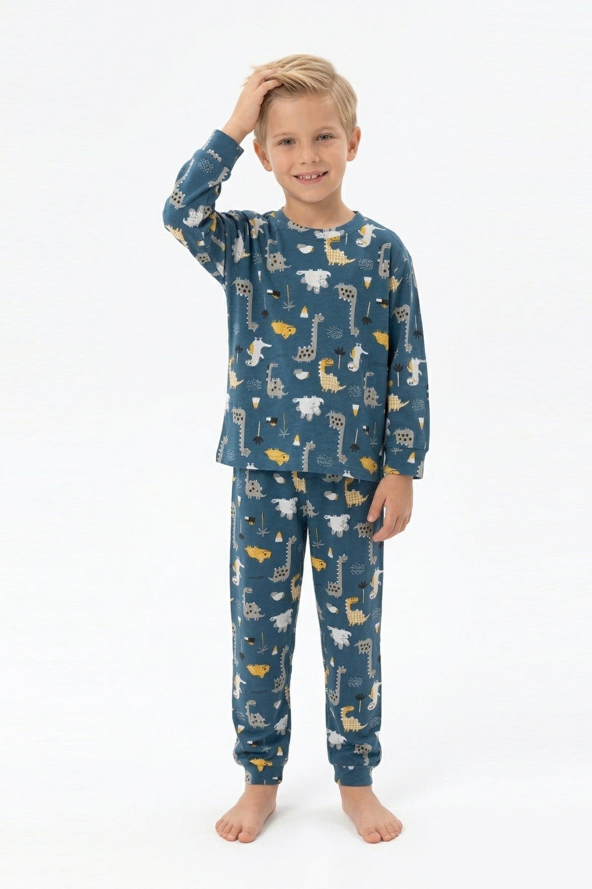 Erkek Çocuk Dinozor Desenli %100 Pamuk Reaktif Boyama İnterlok Kumaşş Uzun Kollu Pijama Takımı