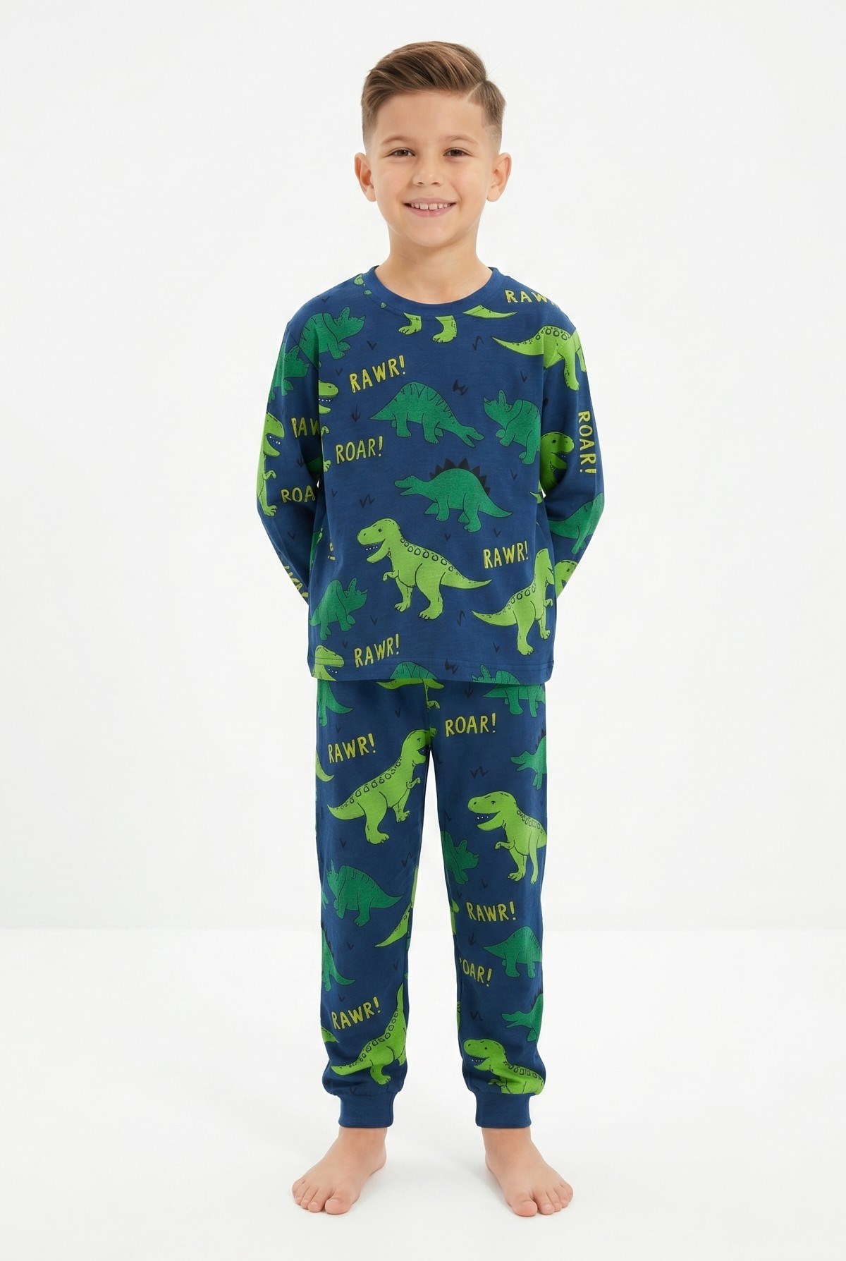 Erkek Çocuk Dinozor Desenli %100 Pamuk Süprem Kumaş Uzun Kollu Pijama Takımı