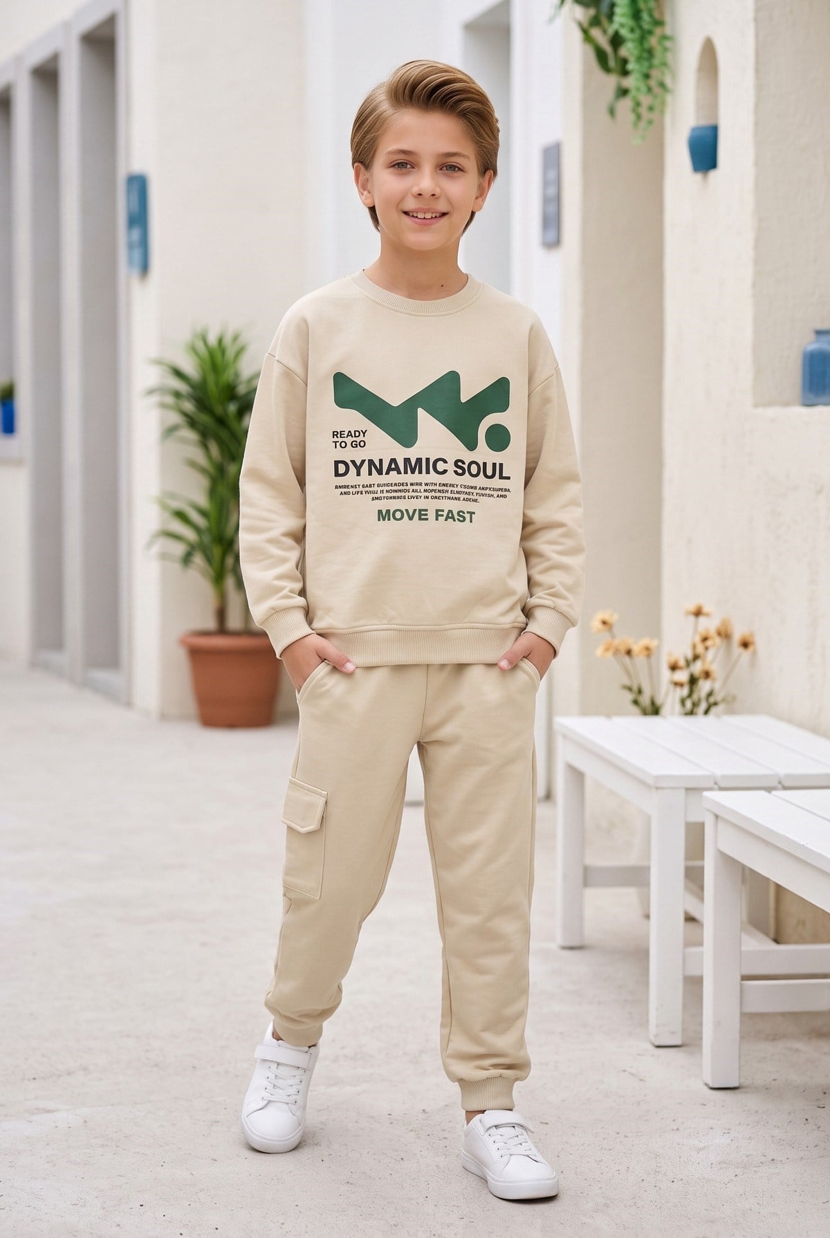 Erkek Çocuk Dynamic Soul Baskılı %100 Pamuk İki İplik Sweatshirt Ve Kargo Cepli Eşofman Takımı