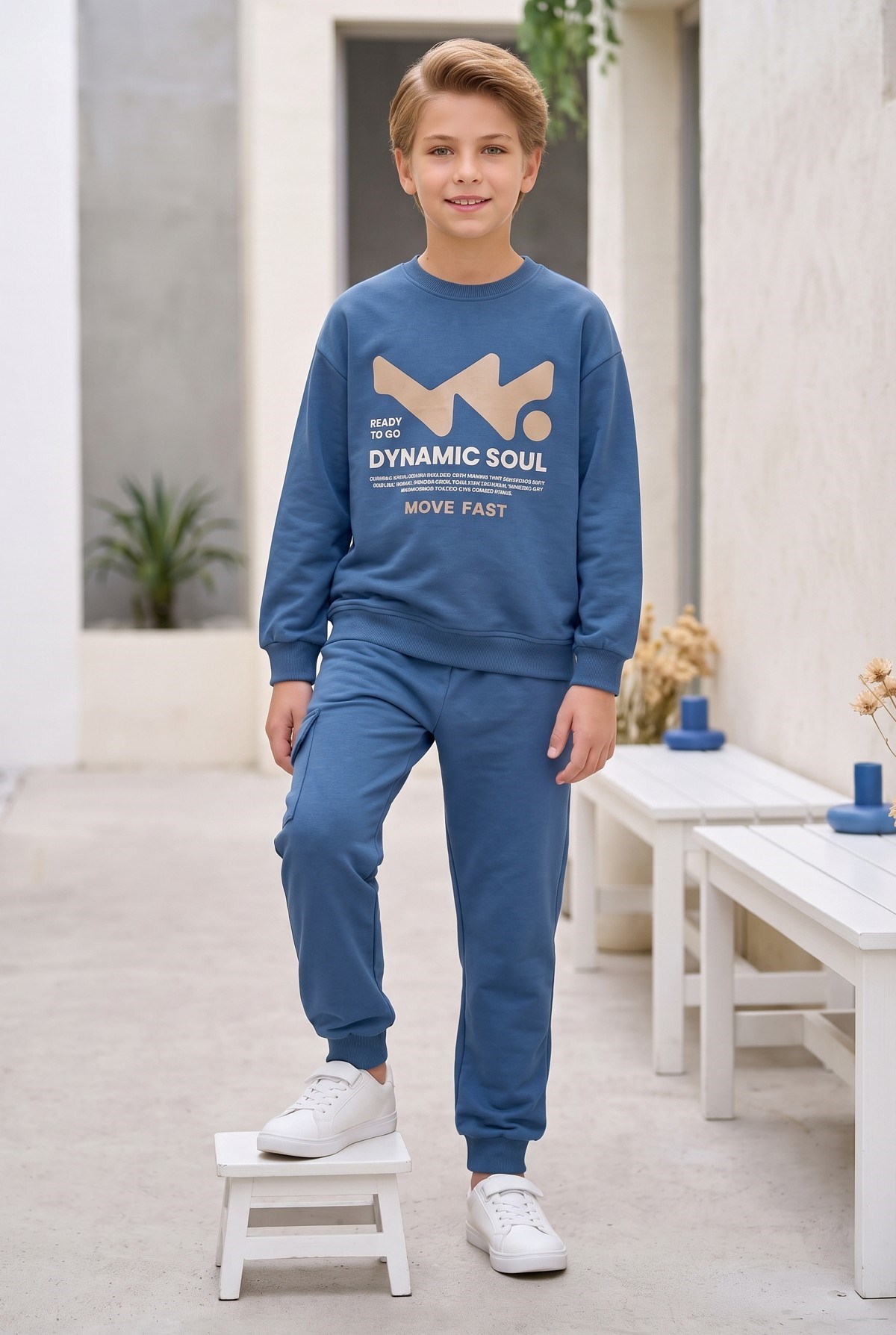 Erkek Çocuk Dynamic Soul Baskılı %100 Pamuk İki İplik Sweatshirt Ve Kargo Cepli Eşofman Takımı