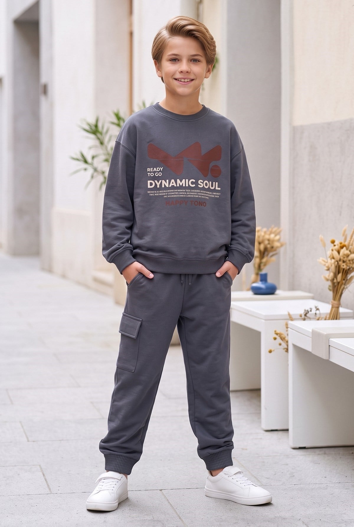 Erkek Çocuk Dynamic Soul Baskılı %100 Pamuk İki İplik Sweatshirt Ve Kargo Cepli Eşofman Takımı