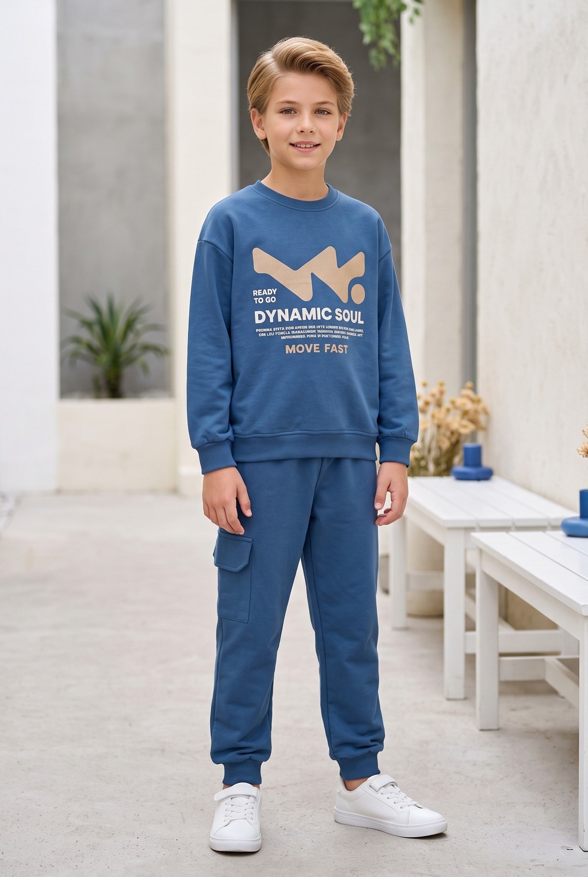 Erkek Çocuk Dynamic Soul Baskılı %100 Pamuk İki İplik Sweatshirt Ve Kargo Cepli Eşofman Takımı