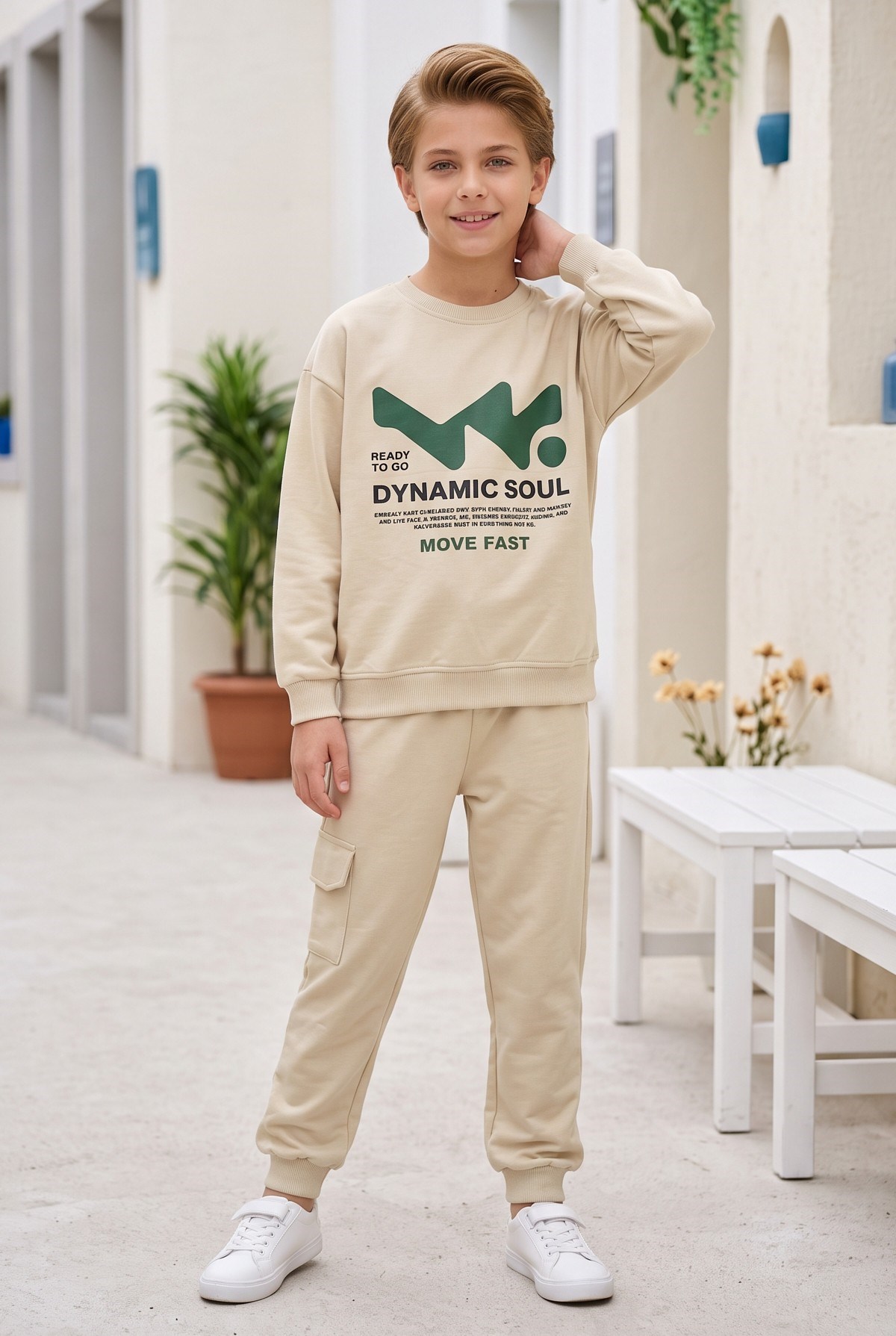 Erkek Çocuk Dynamic Soul Baskılı %100 Pamuk İki İplik Sweatshirt Ve Kargo Cepli Eşofman Takımı