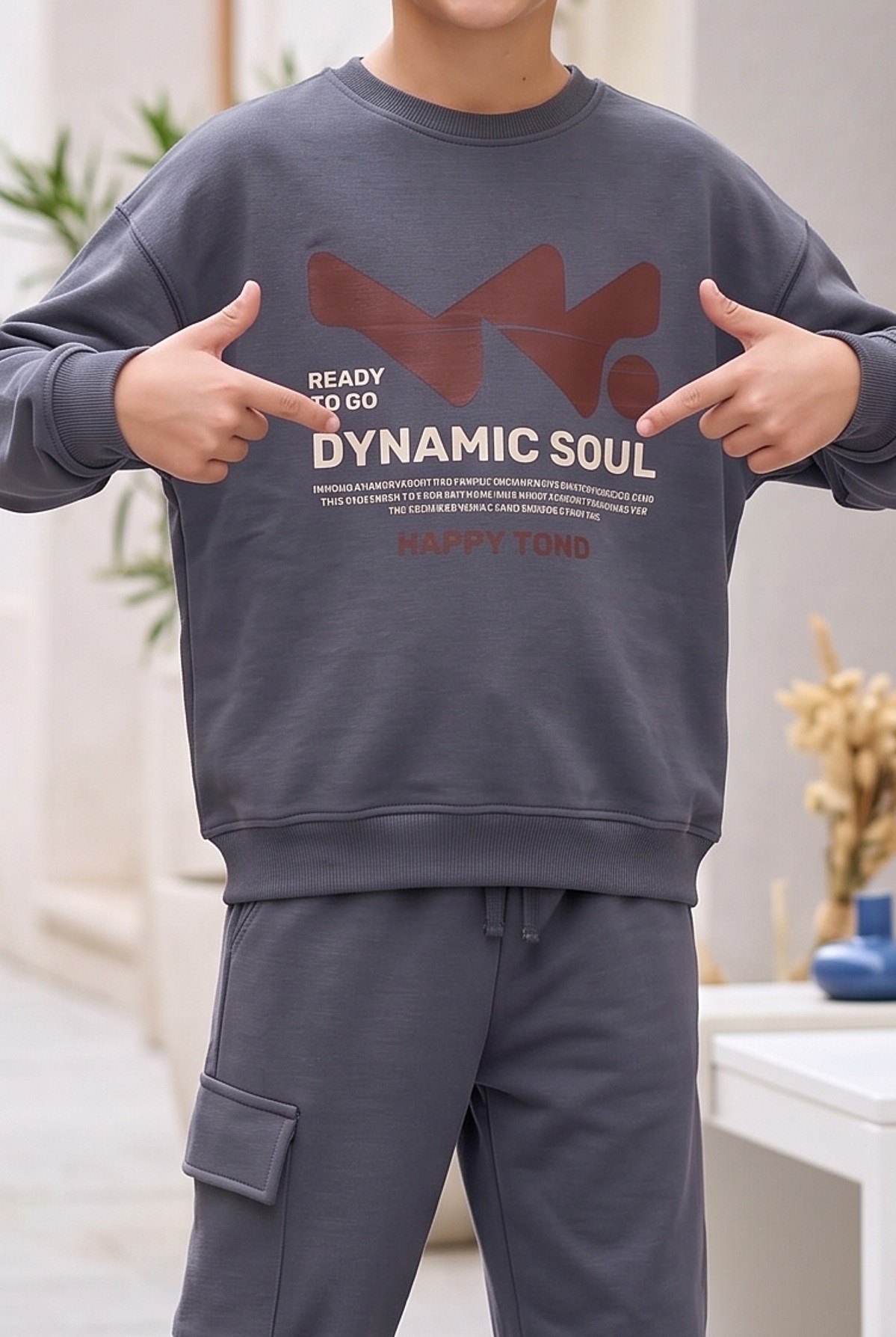 Erkek Çocuk Dynamic Soul Baskılı %100 Pamuk İki İplik Sweatshirt Ve Kargo Cepli Eşofman Takımı