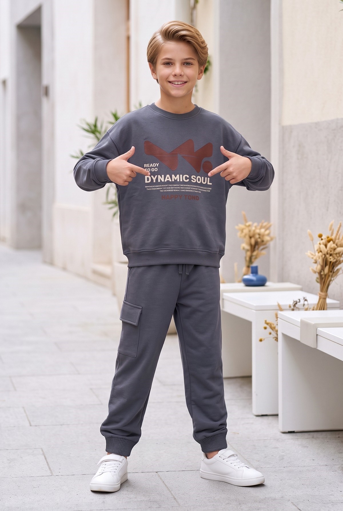 Erkek Çocuk Dynamic Soul Baskılı %100 Pamuk İki İplik Sweatshirt Ve Kargo Cepli Eşofman Takımı