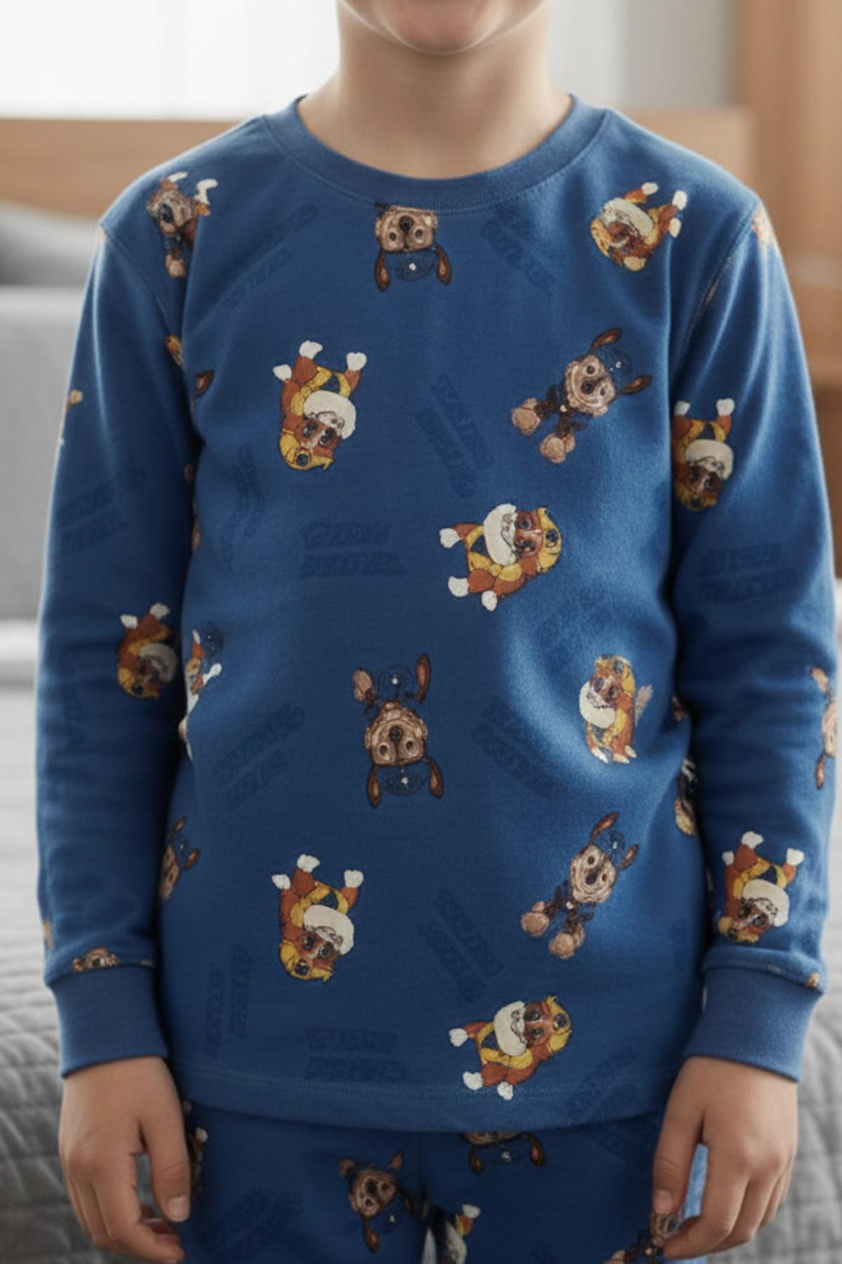 Erkek Çocuk Köpek Baskılı %100 Pamuk Reaktif Boyalı İnterlok  Kumaş Uzun Kollu Pijama Takımı