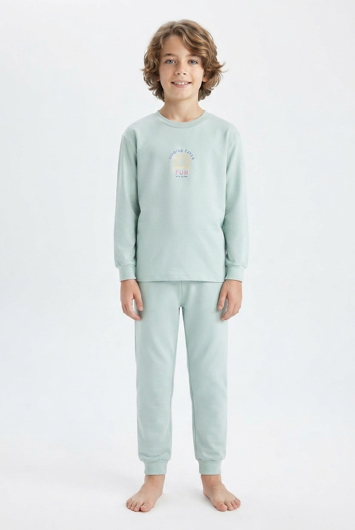 Erkek Çocuk Mavi Yıldız Baskılı %100 Pamuk Süprem Kumaş Düz Uzun Kollu Pijama Takımı