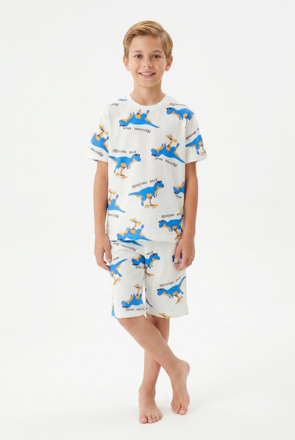 Garson Erkek Çocuk Dinozor Desenli %100 Pamuk Süprem Kumaş Kısa Kollu Şortlu Pijama Takımı