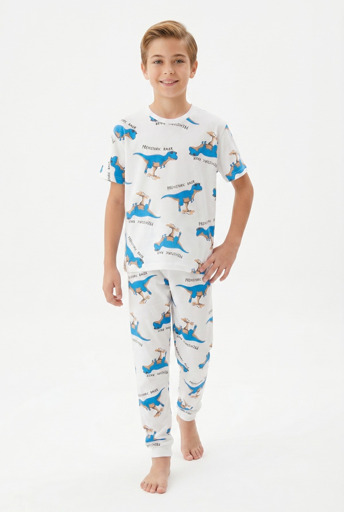 Garson Erkek Çocuk Dinozor Desenli %100 Pamuk Süprem Kumaş Kısa Kollu  Pijama Takımı