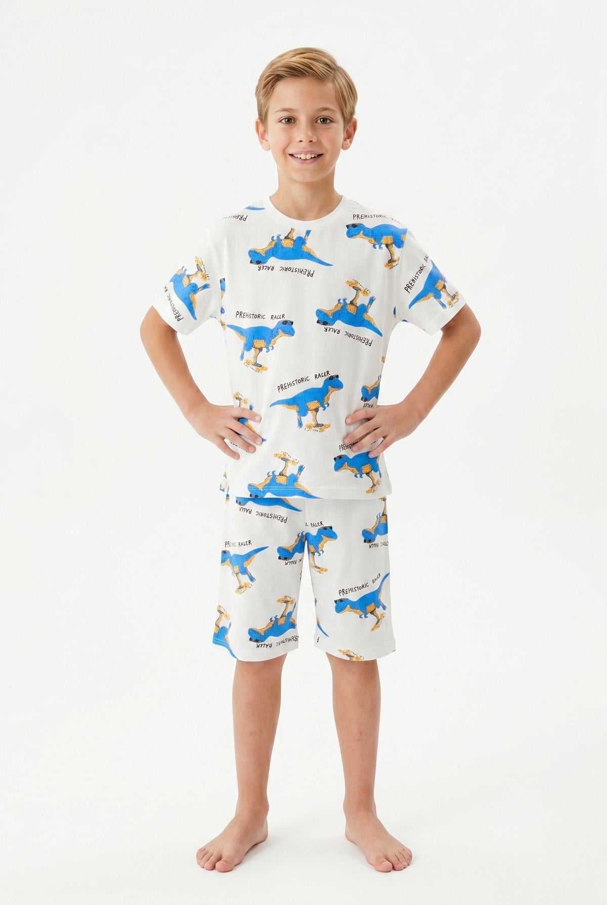 Garson Erkek Çocuk Dinozor Desenli %100 Pamuk Süprem Kumaş Kısa Kollu Şortlu Pijama Takımı