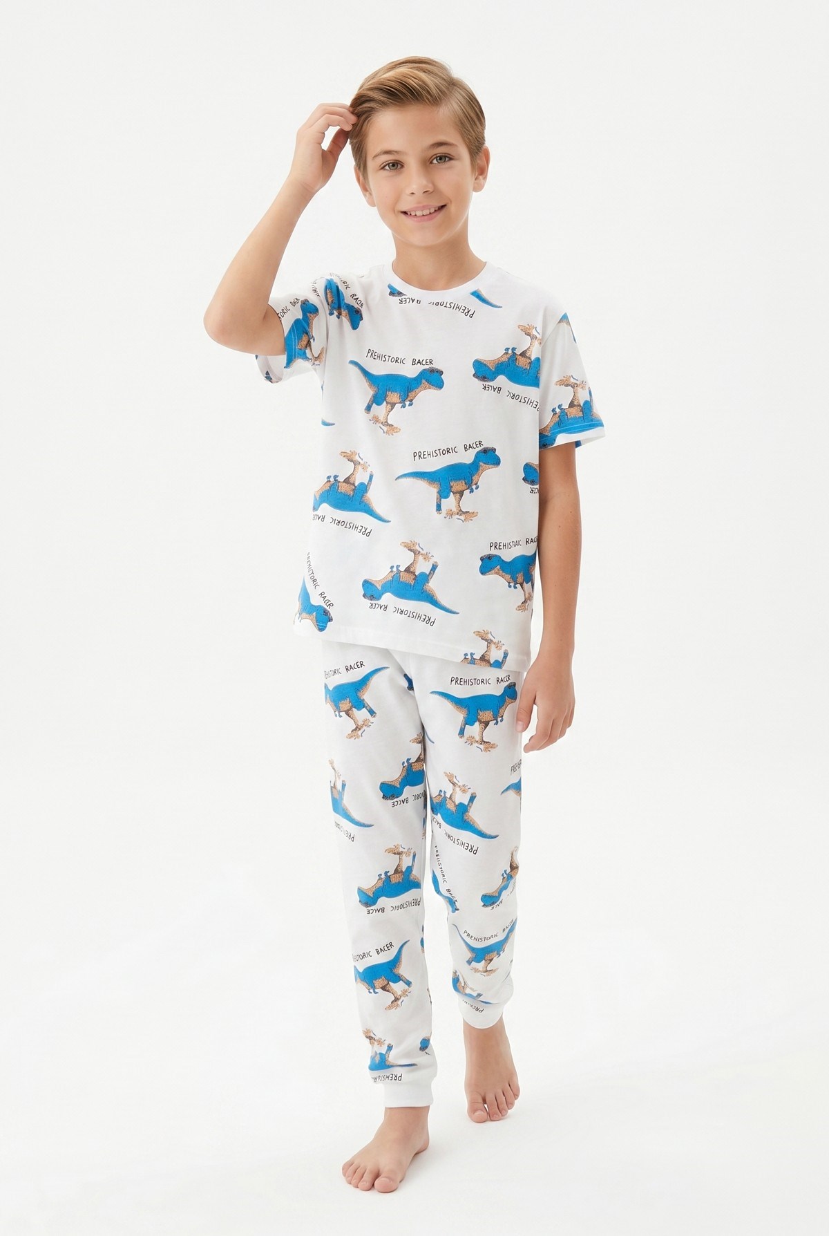 Garson Erkek Çocuk Dinozor Desenli %100 Pamuk Süprem Kumaş Kısa Kollu  Pijama Takımı
