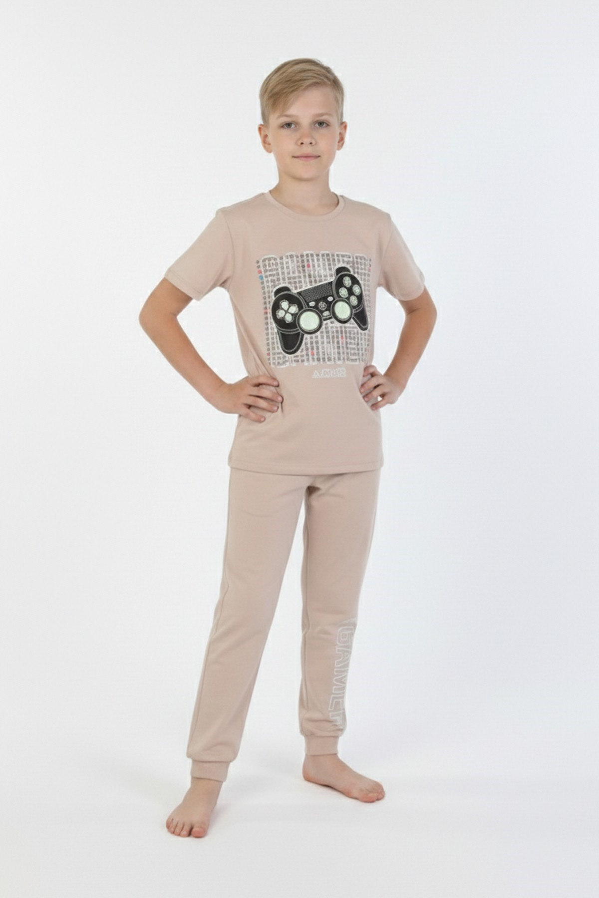 Garson Erkek Çocuk Oyun Konsolu Baskılı %100 Pamuk Reaktif Boyama Süprem Kısa Kollu Pijama Takımı