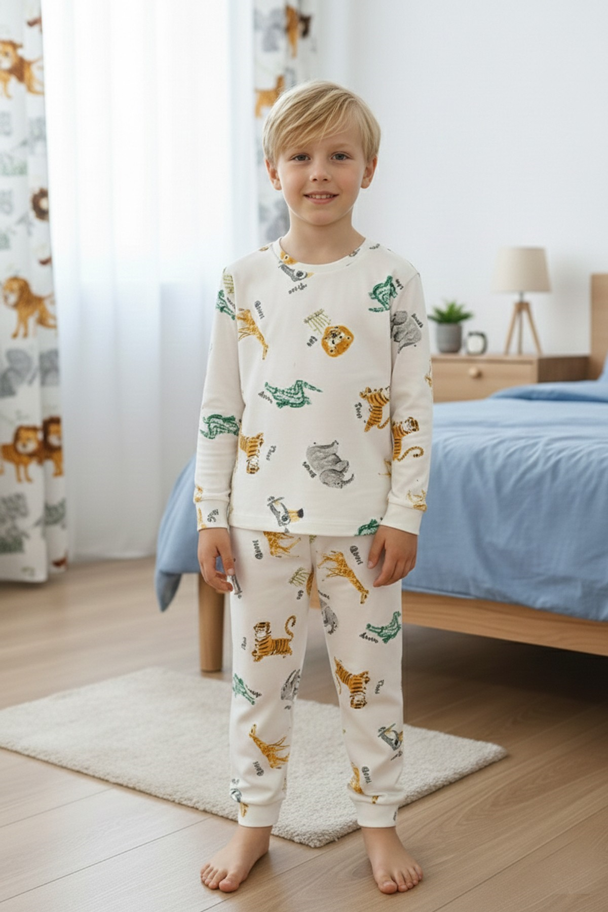 Garson Erkek Çocuk Safari Hayvan Desenli %100 Pamuk Reaktif Boyalı İnterlok Kumaş Uzun Kollu Pijama Takımı