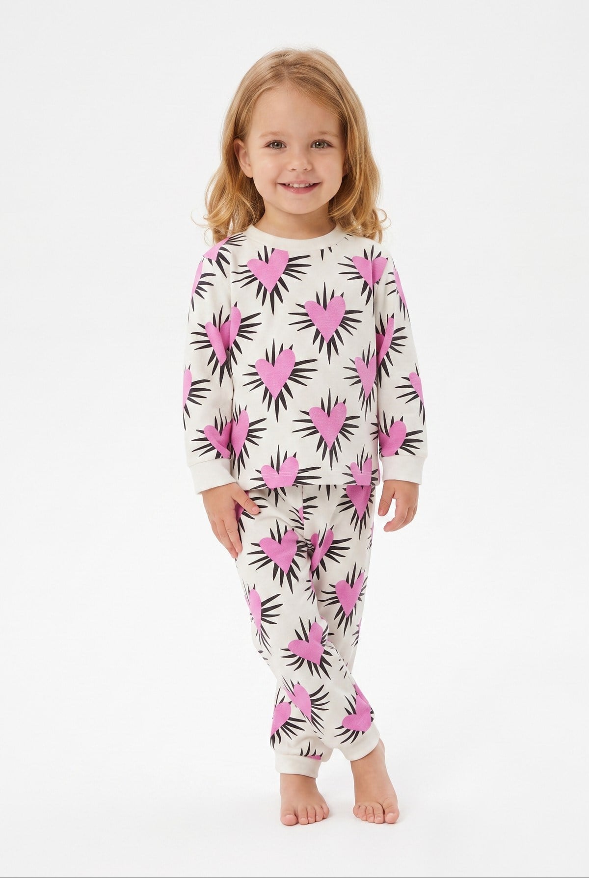 Kız Bebek Baskılı  %100 Pamuk Süprem Kumaş Reaktif Boyama Uzun Kollu Pijama Takımı