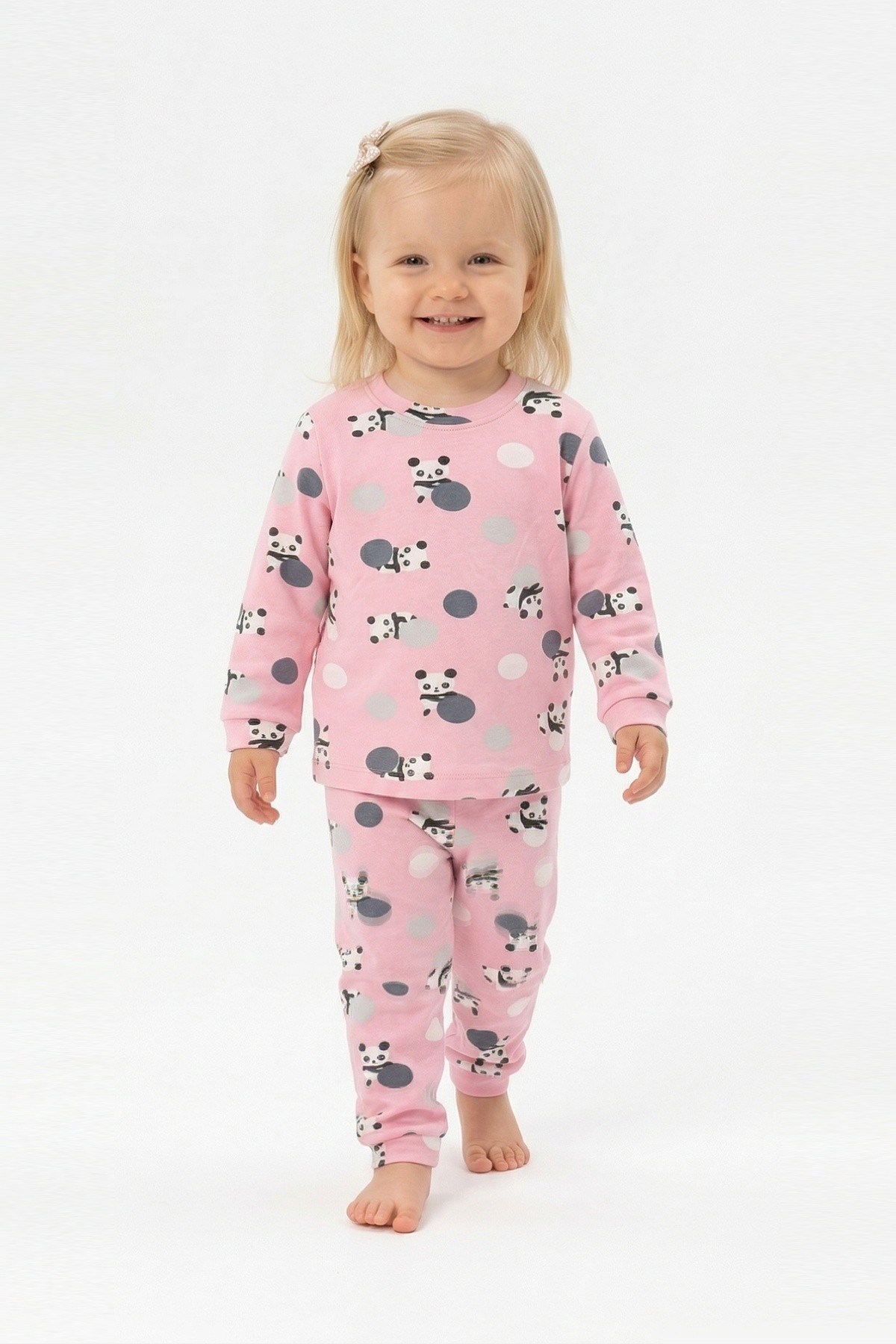 Kız Bebek Panda ve Puantiye Desenli %100 Pamuk Reaktif Boyama İnterlok Kumaş Uzun Kollu Pijama Takımı