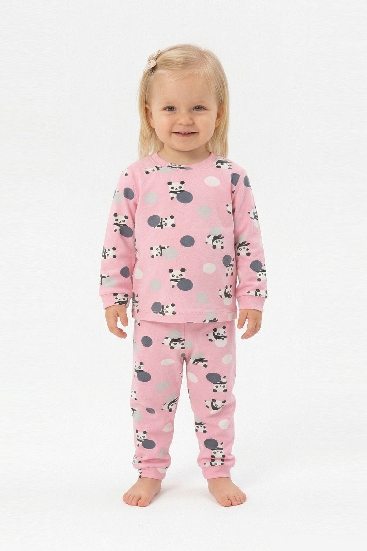 Kız Bebek Panda ve Puantiye Desenli %100 Pamuk Reaktif Boyama İnterlok Kumaş Uzun Kollu Pijama Takımı