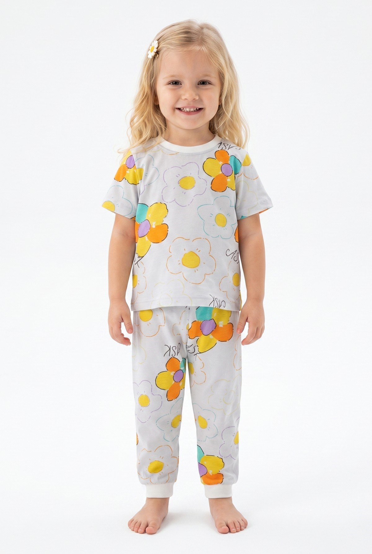 Kız Bebek Renkli Papatya Çiçek Desenli %100 Pamuk Süprem Kumaş Kısa Kollu Pijama Takımı