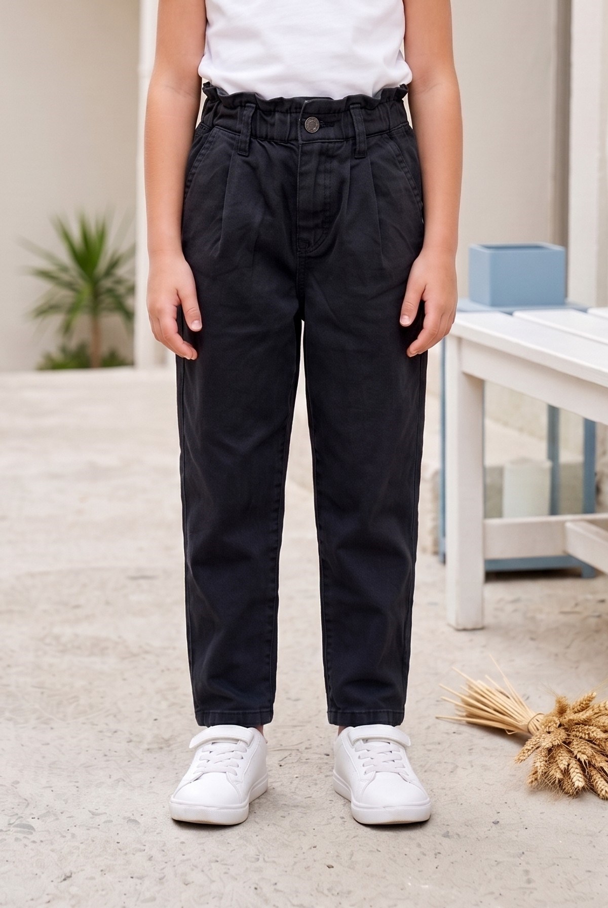 Kız Çocuk %100 Pamuk Yüksek Bel Lastikli Dar Paça Gabardin Kumaş Pantolon