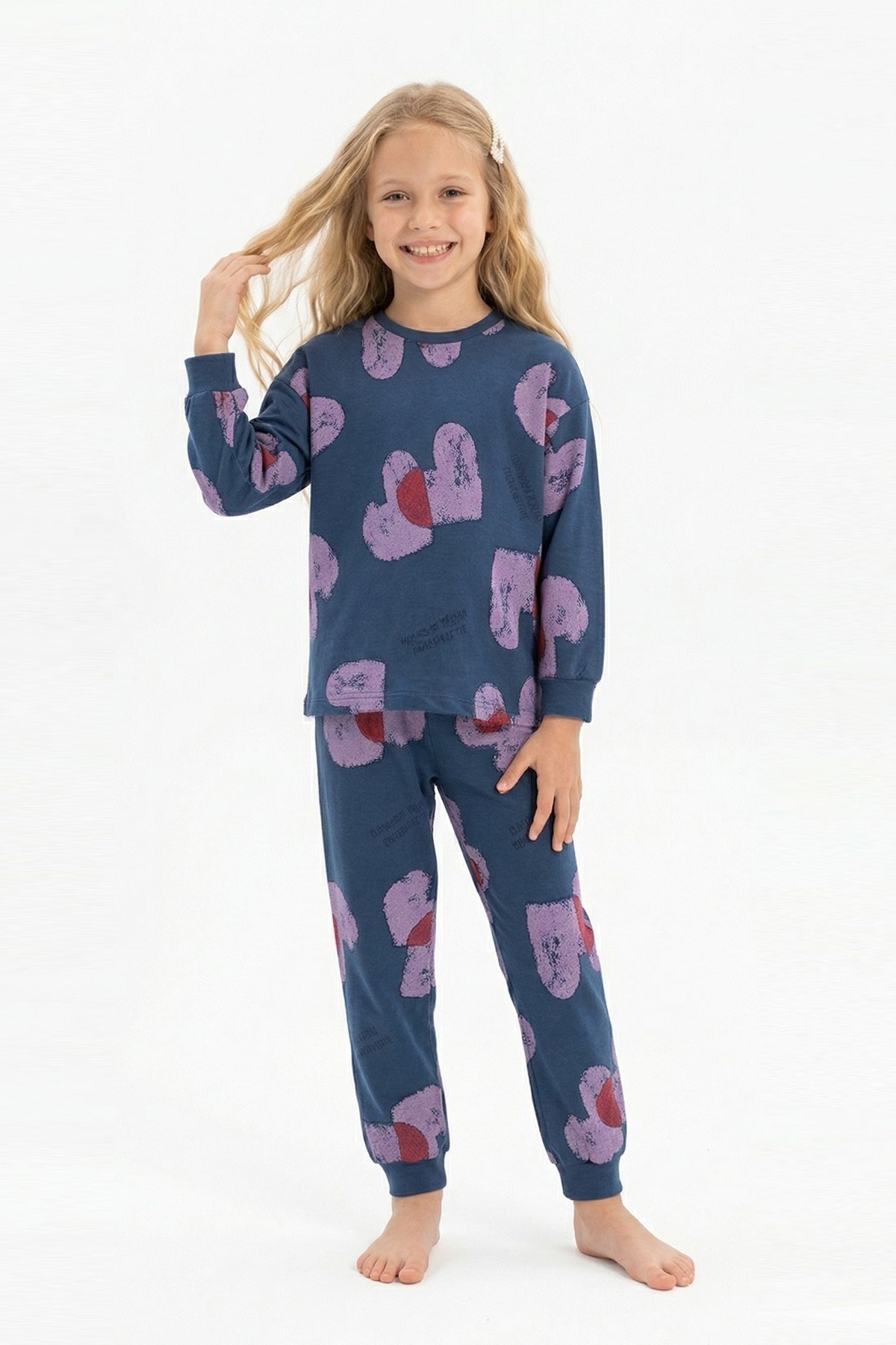 Kız Çocuk Baskılı %100 Pamuk Reaktif Boyalı Süprem Kumaş Uzun Kollu Pijama Takımı